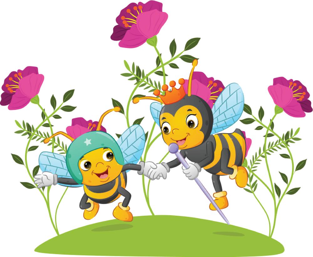 The queen of bee with the crown is helping and holding her soldier hands
