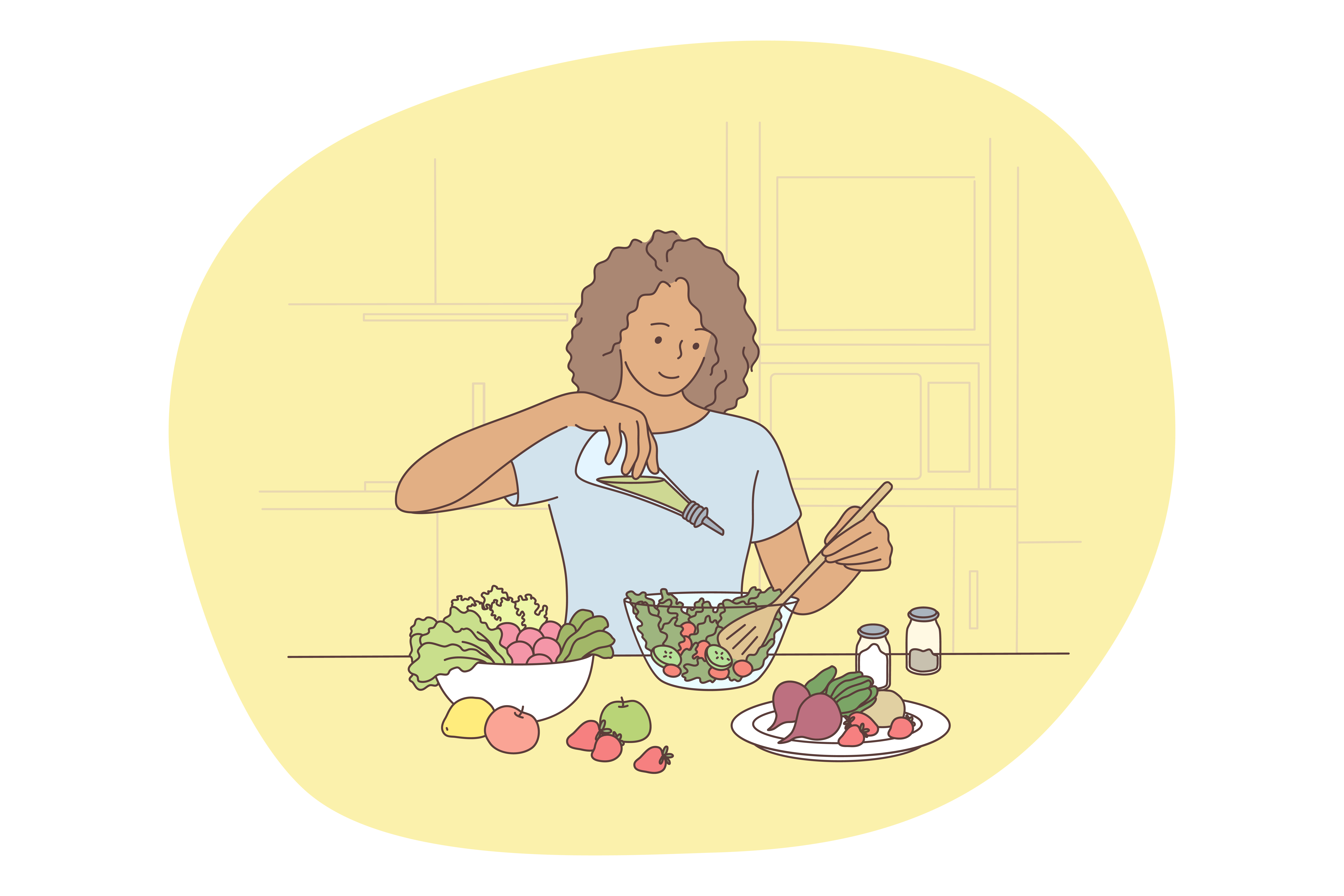 Healthy food, clean eating, nutrition concept. Young positive woman cartoon character cooking fresh healthy salad from ripe farm vegetables in kitchen. Wellness, bodycare, vegetarian lifestyle . Healthy food, clean eating, nutrition concept