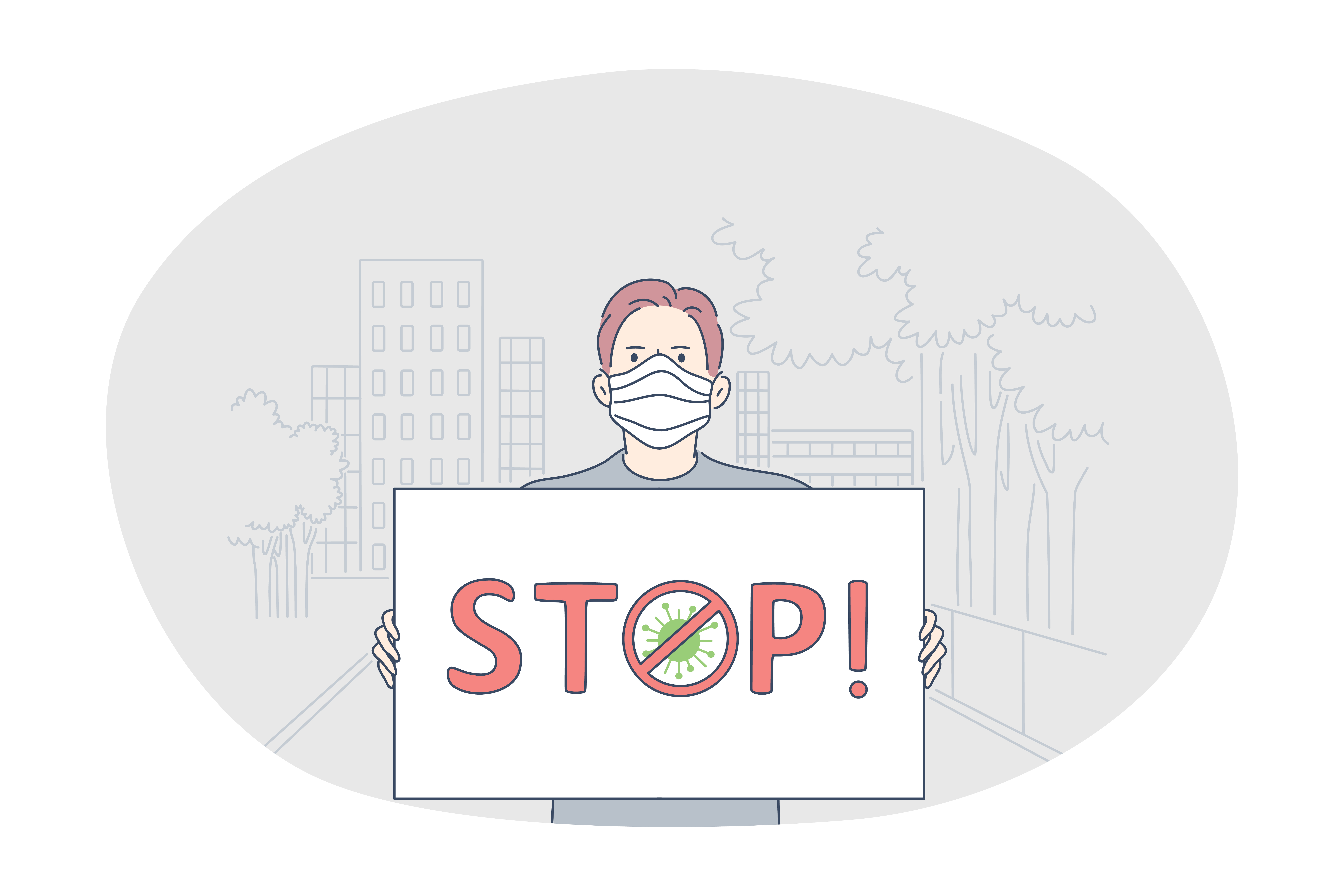 Danger or coronavirus infection epidemic, protective facial mask, pandemic concept. Young man in medical protective mask standing with sign stop in hands outdoors. Prevention of spreading outbreak . Danger or coronavirus infection epidemic, protective facial mask, pandemic concept