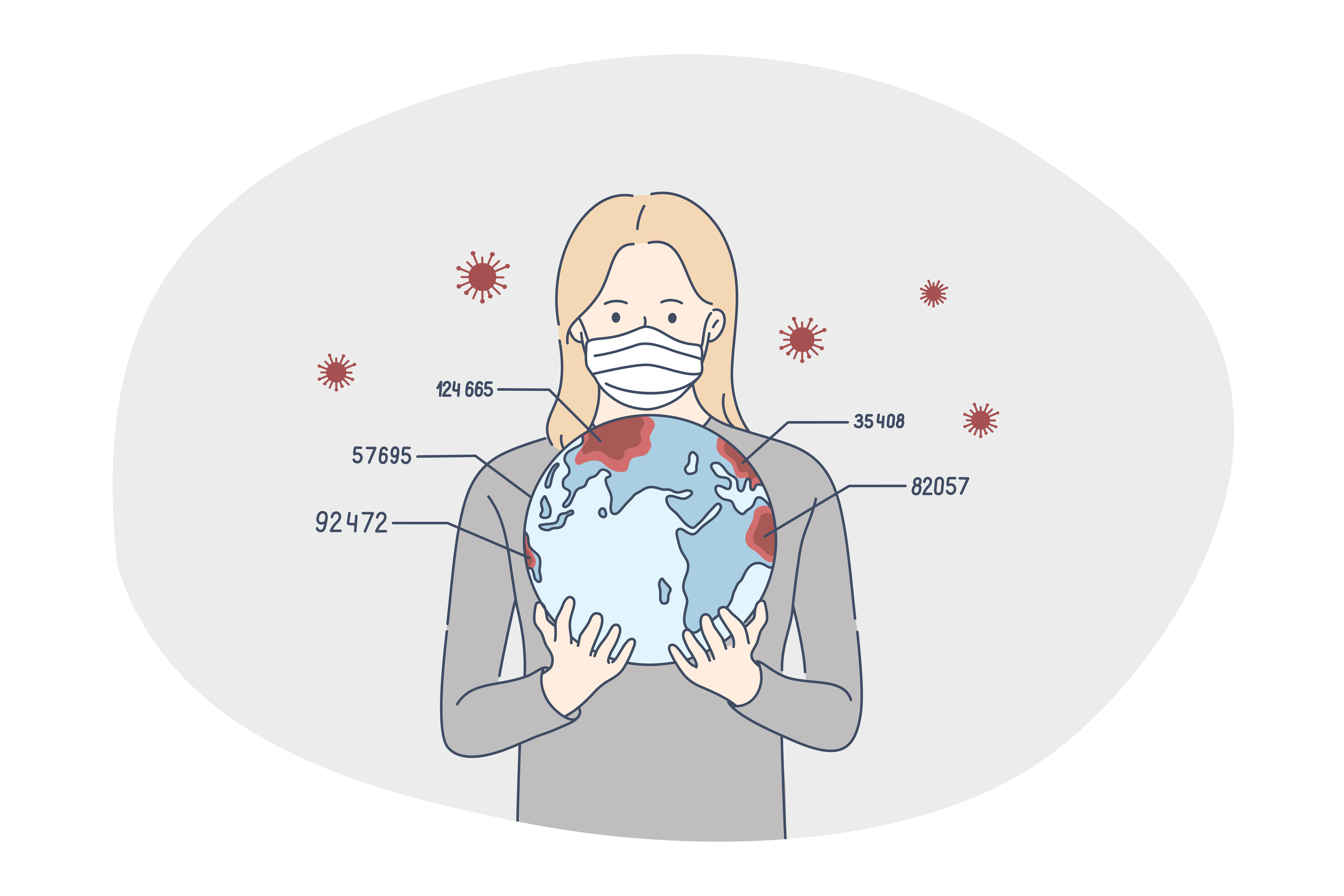 Danger or coronavirus infection epidemic, protective facial mask, pandemic concept. Young woman in medical protective mask standing and holding world globe with number of sick people worldwide . Danger or coronavirus infection epidemic, protective facial mask, pandemic concept