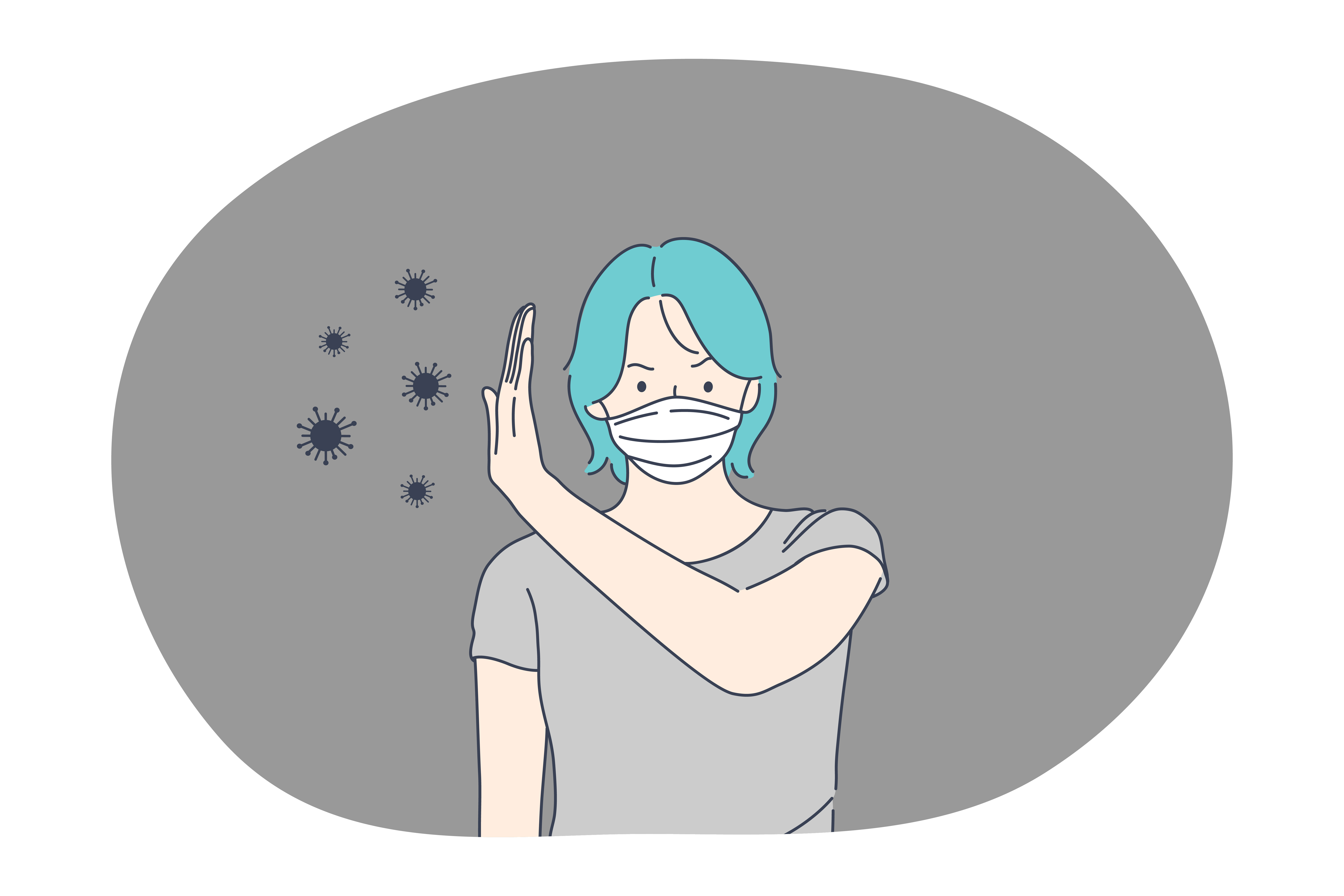 Danger or coronavirus infection epidemic, protective facial mask, pandemic concept. Young woman in medical protective mask standing and protecting herself from corona bacteria flow outside. Danger or coronavirus infection epidemic, protective facial mask, pandemic concept