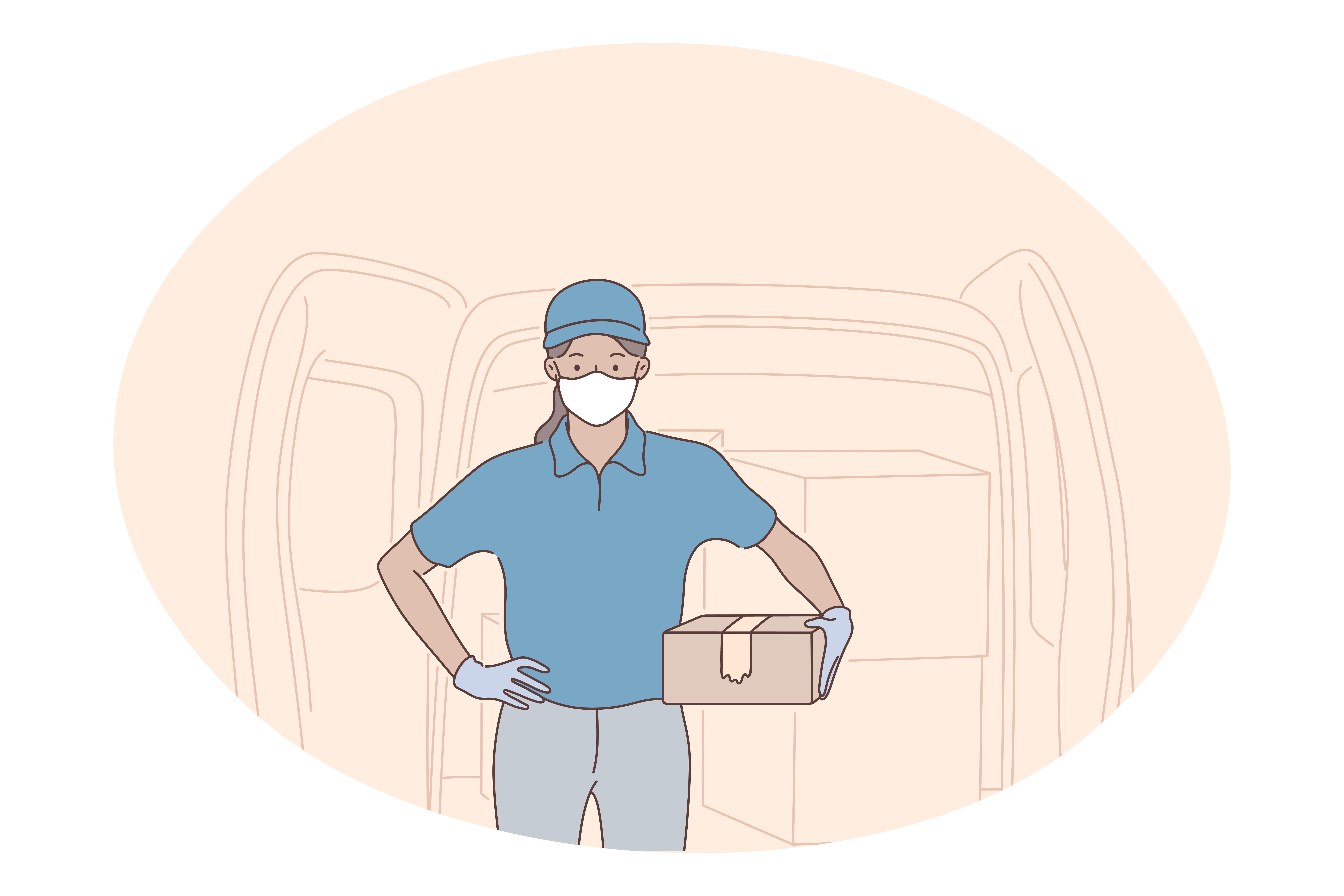 Contactless delivery, courier, online order concept. Young woman courier deliveryman in protective medical masks standing and holding order in box for delivery to customer home. Parcel, logistics. Contactless delivery, courier, online order concept