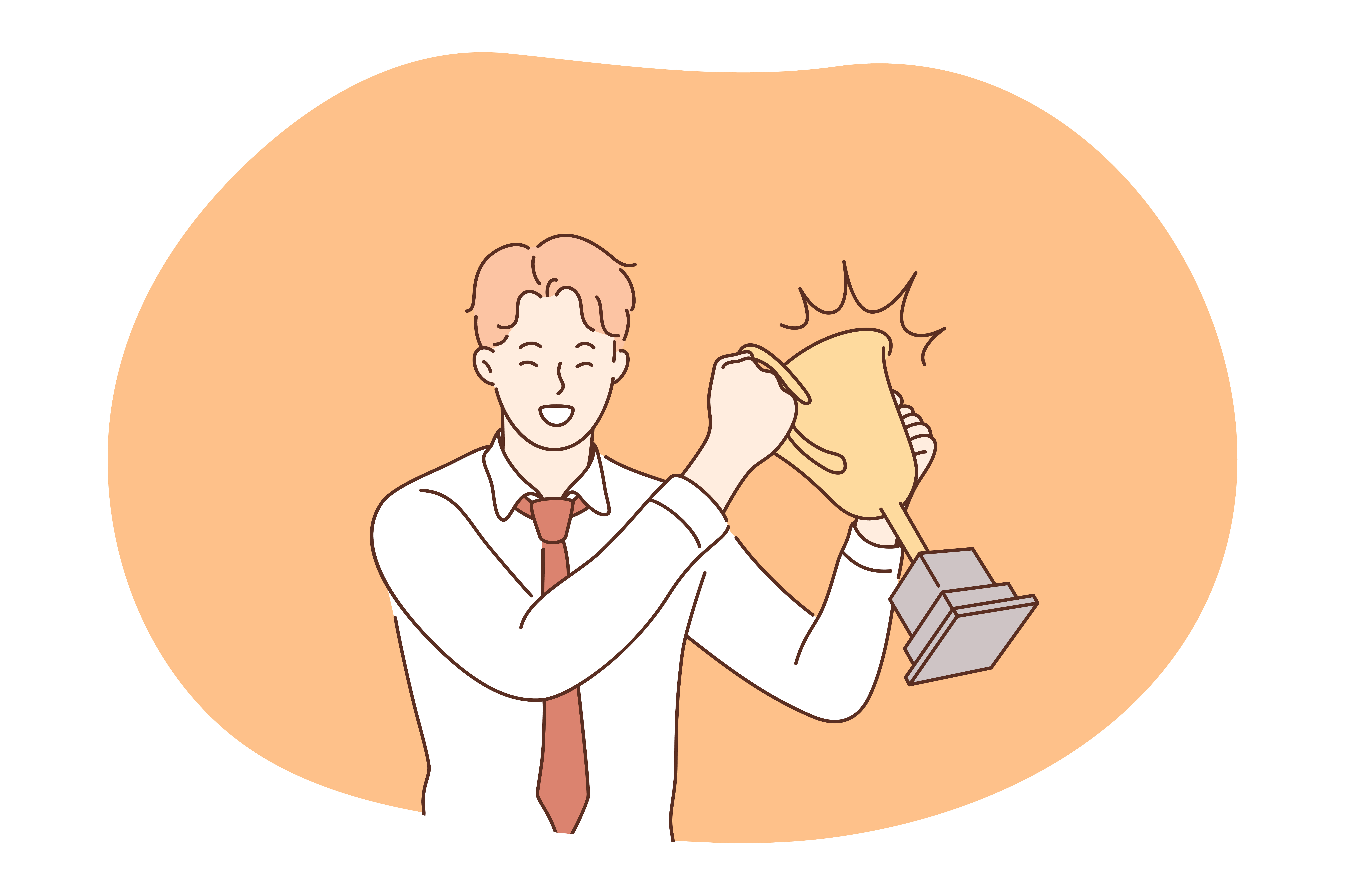 Success, leadership, business development concept. Happy young businessman cartoon character holding golden trophy and feeling excited with successful project realisation or profitable deal. Success, leadership, business development concept