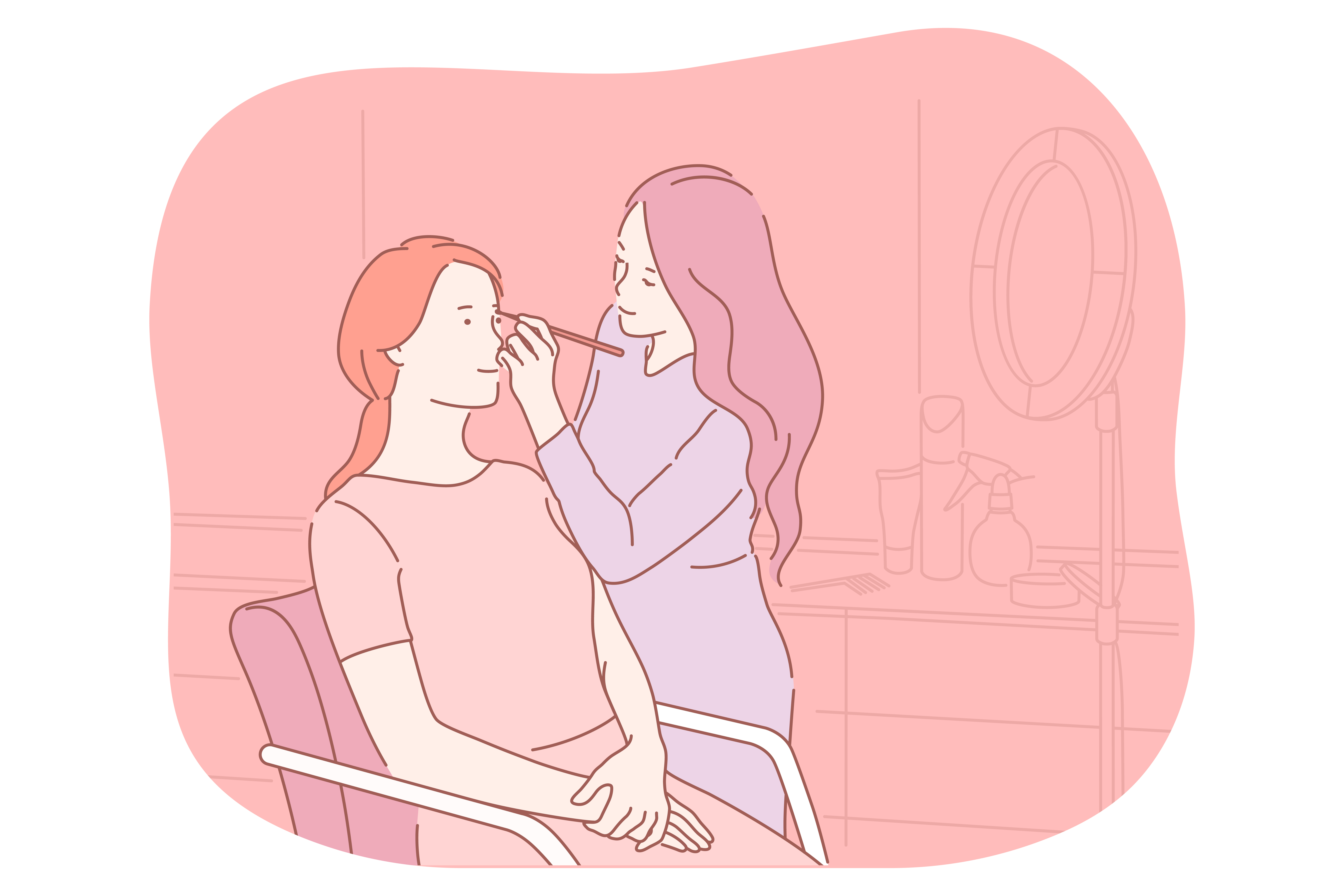 Cosmetology, dermatology, make up concept. Young smiling woman cartoon character sitting and getting procedure of professional make up from stylist or make up master in wellness salon. Cosmetology, dermatology, skincare concept
