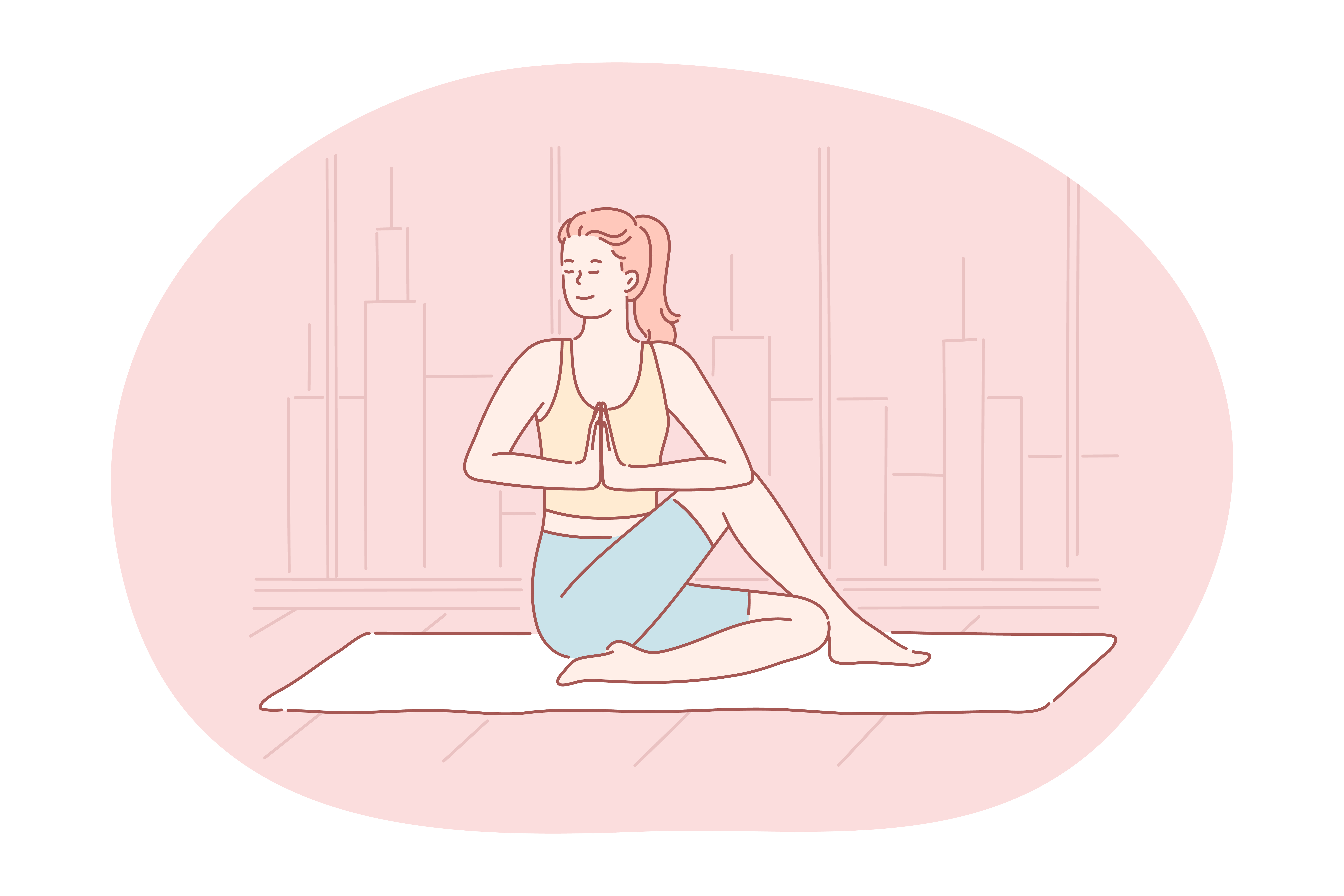 Yoga, meditation, healthy active sport lifestyle concept. Young smiling woman in sportswear sitting in asana on fitness mat, practicing yoga, relaxing and meditating. Fitness, relax, harmony, peace. Yoga, meditation, healthy active sport lifestyle concept