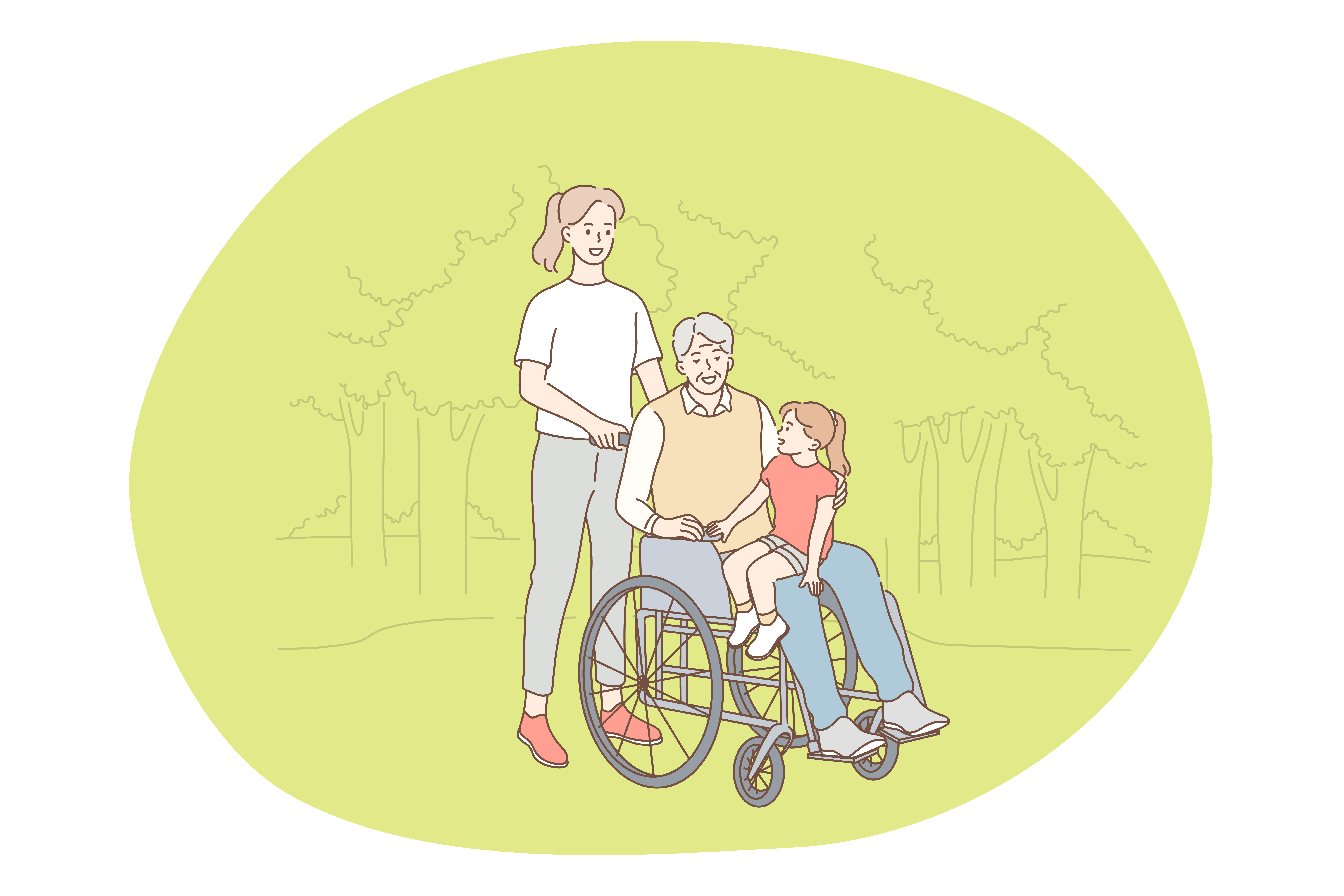 Disabled people on wheelchair living happy active lifestyle concept. Senior elderly man on wheelchair enjoying company of daughter and granddaughter on knees in park outdoors in summer illustration . Disabled people on wheelchair living happy active lifestyle concept