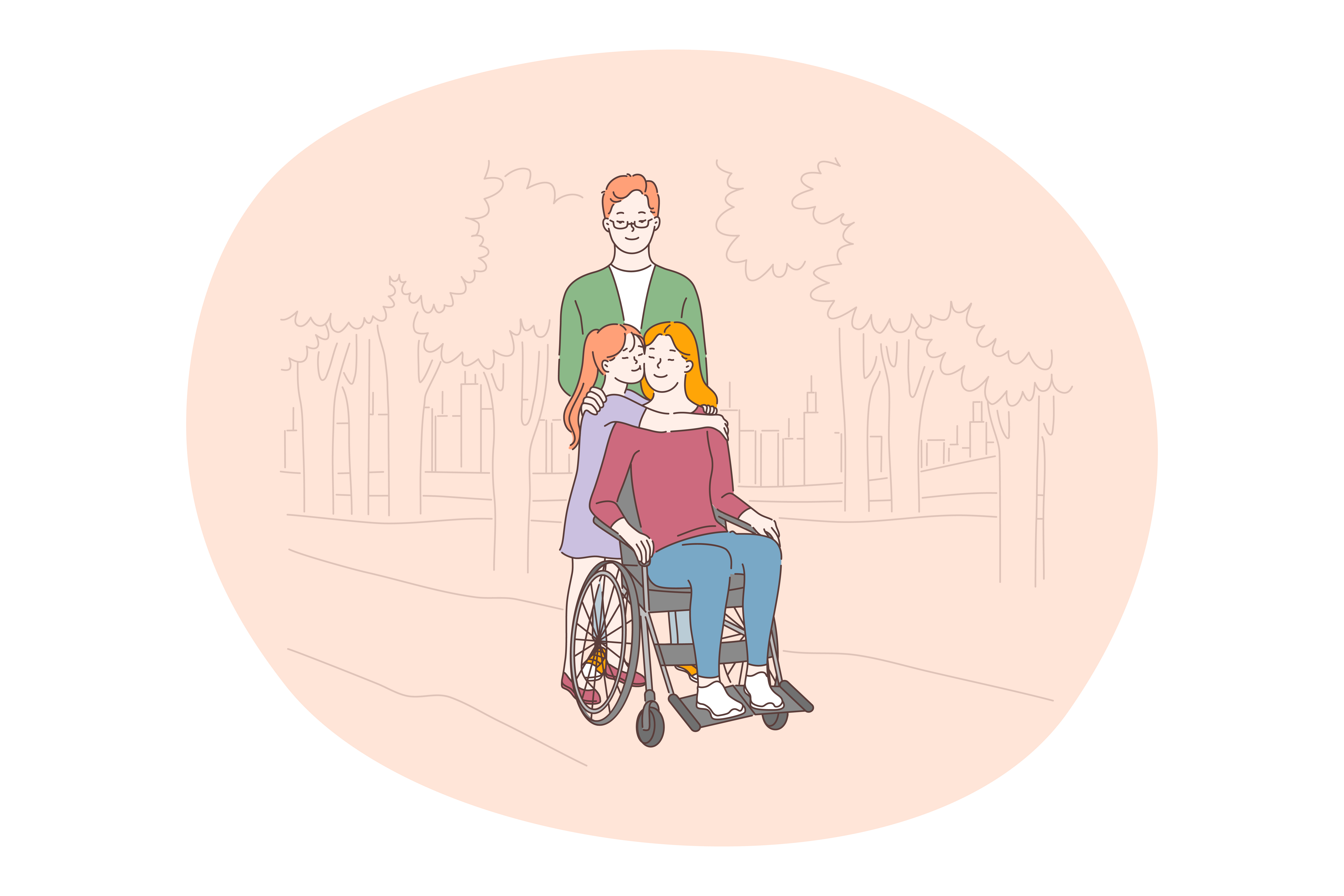 Disabled people on wheelchair living happy active lifestyle concept. Happy young woman mother on wheelchair enjoying company of her children during walk in park outdoors in summer illustration . Disabled people on wheelchair living happy active lifestyle concept