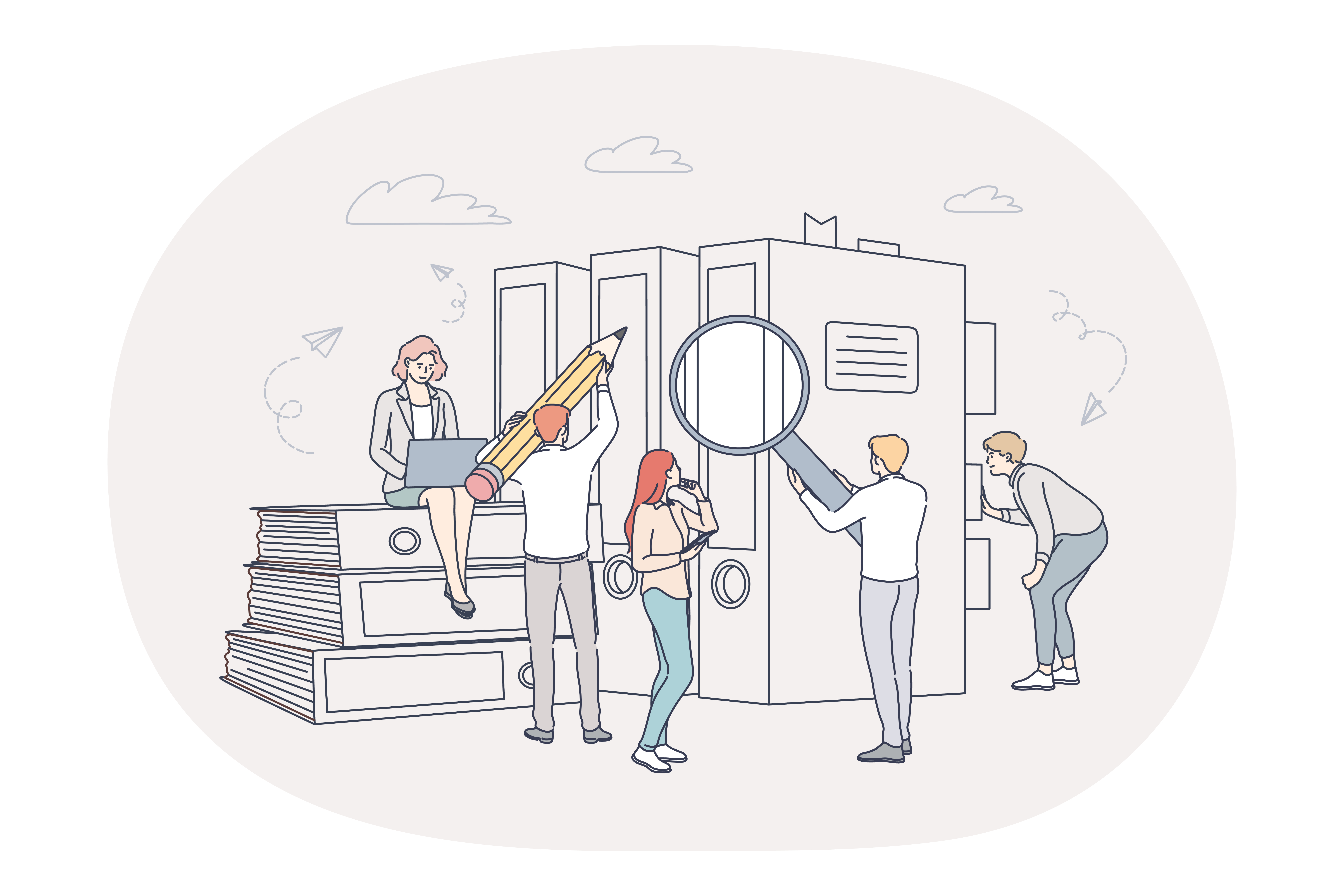 Finance, analytics, teamwork concept. People business partners workers cartoon characters analysing financial data and marketing information statistics together in office in team illustration . Finance, analytics, teamwork concept