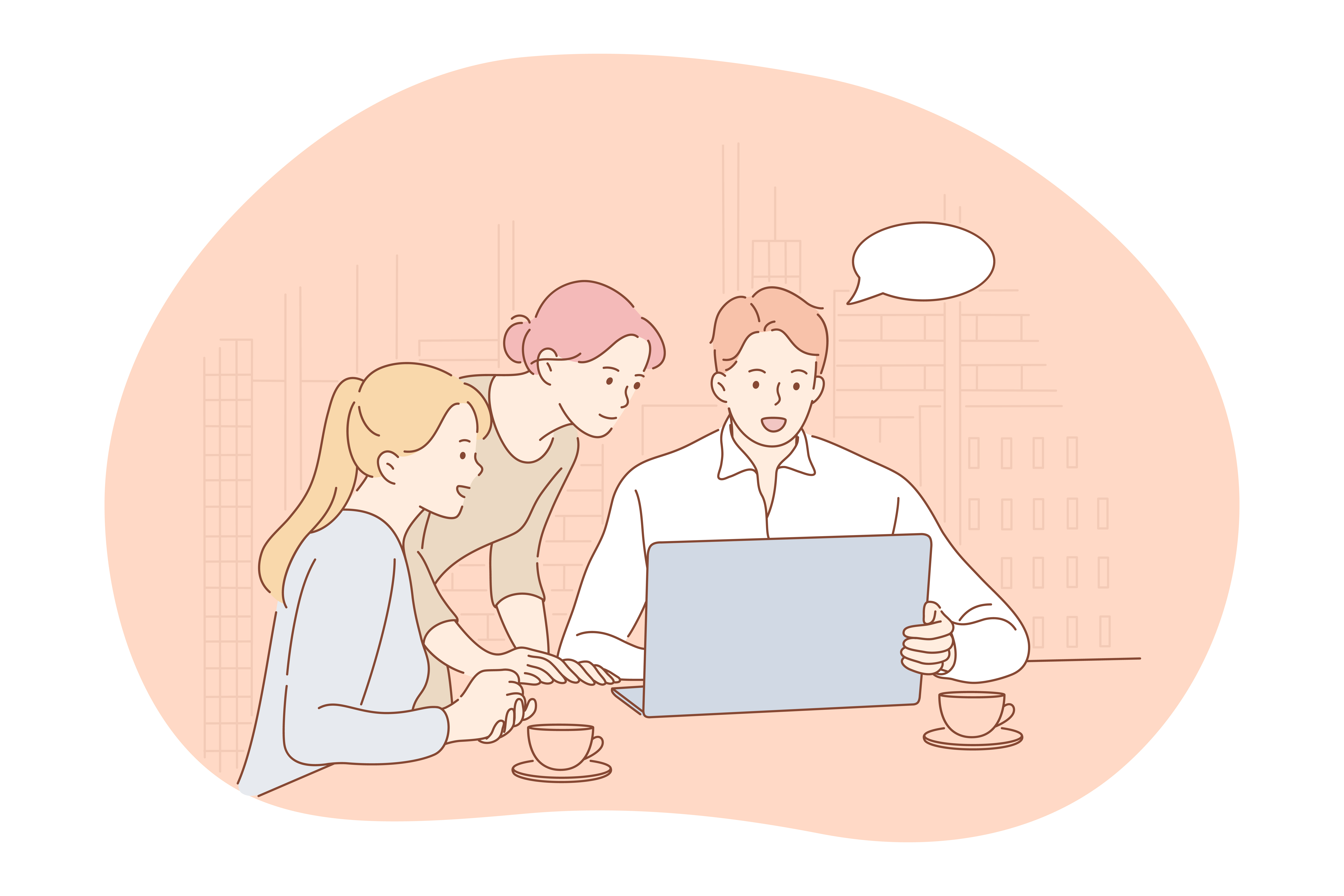 Teamwork, brainstorming, business communication about startup concept. Group of young positive business people coworkers cartoon characters making presentation on laptop and discussing project . Teamwork, brainstorming, business communication about startup concept