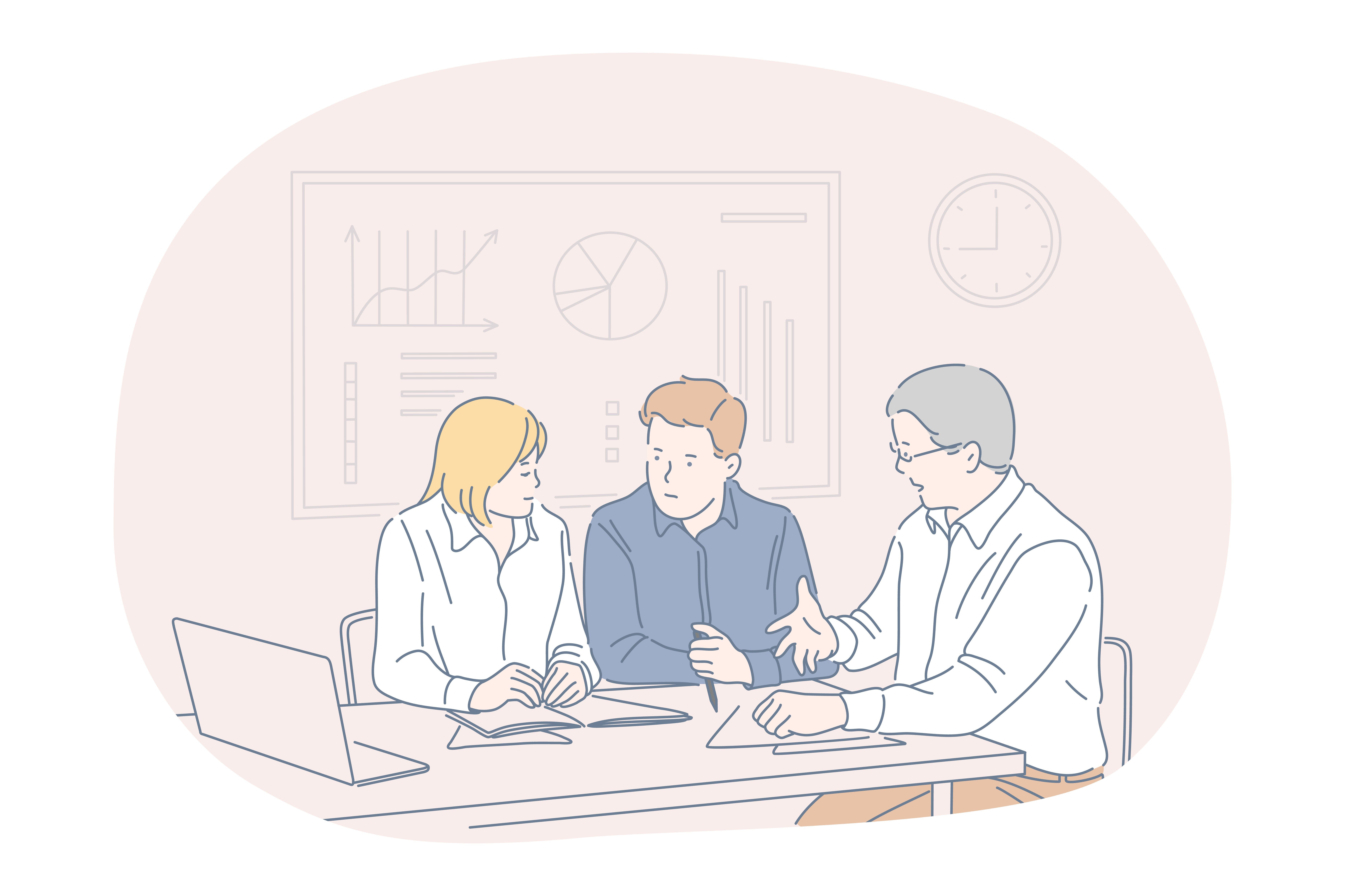 Teamwork, brainstorming, business communication about startup concept. Group of business people coworkers or partners cartoon characters sitting discussing financial development and strategy together. Teamwork, brainstorming, business communication about startup concept