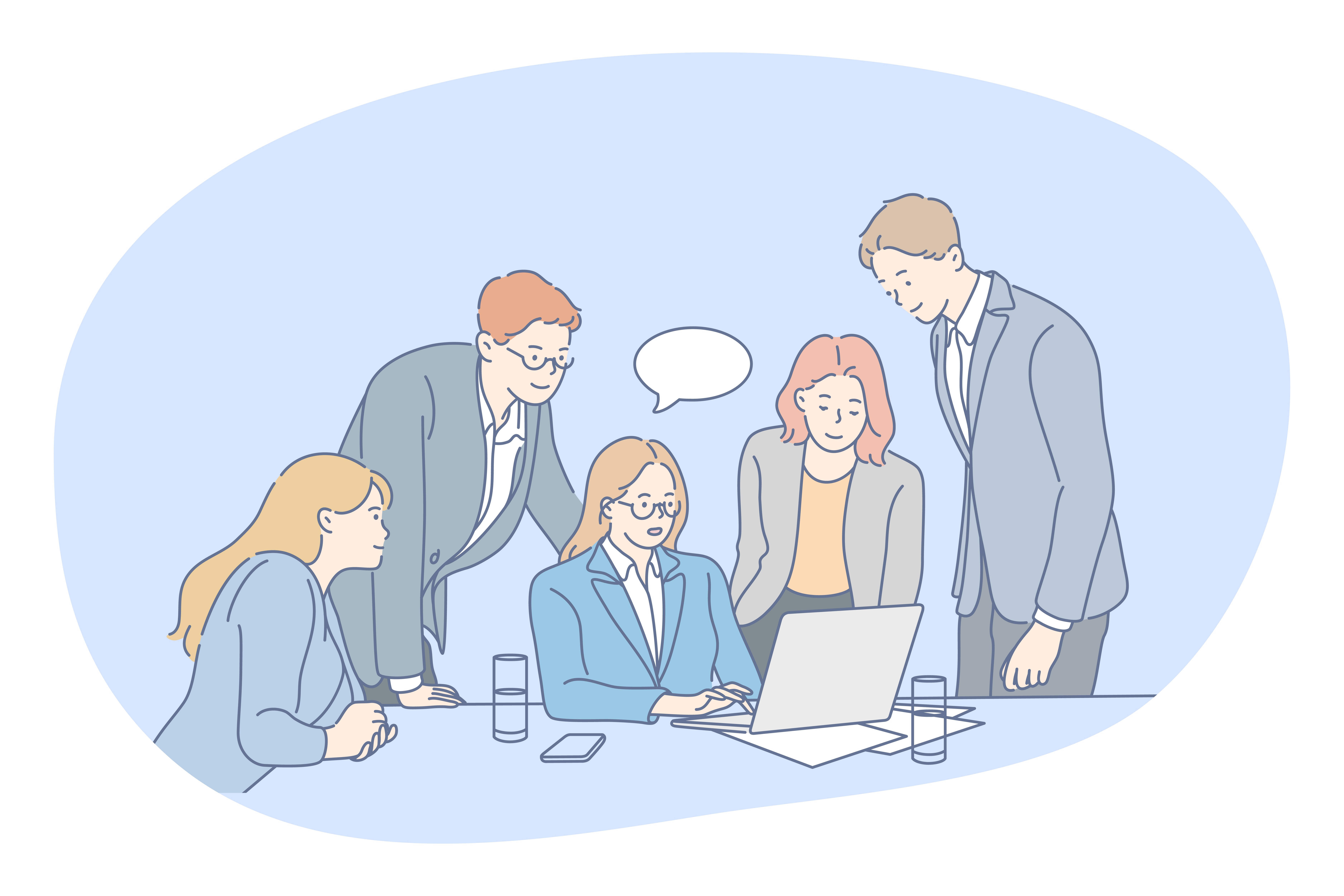 Teamwork, negotiations, business communication concept. Group of young business people office workers coworkers cartoon characters discussing projects in office with laptop and sharing ideas . Teamwork, negotiations, business communication concept