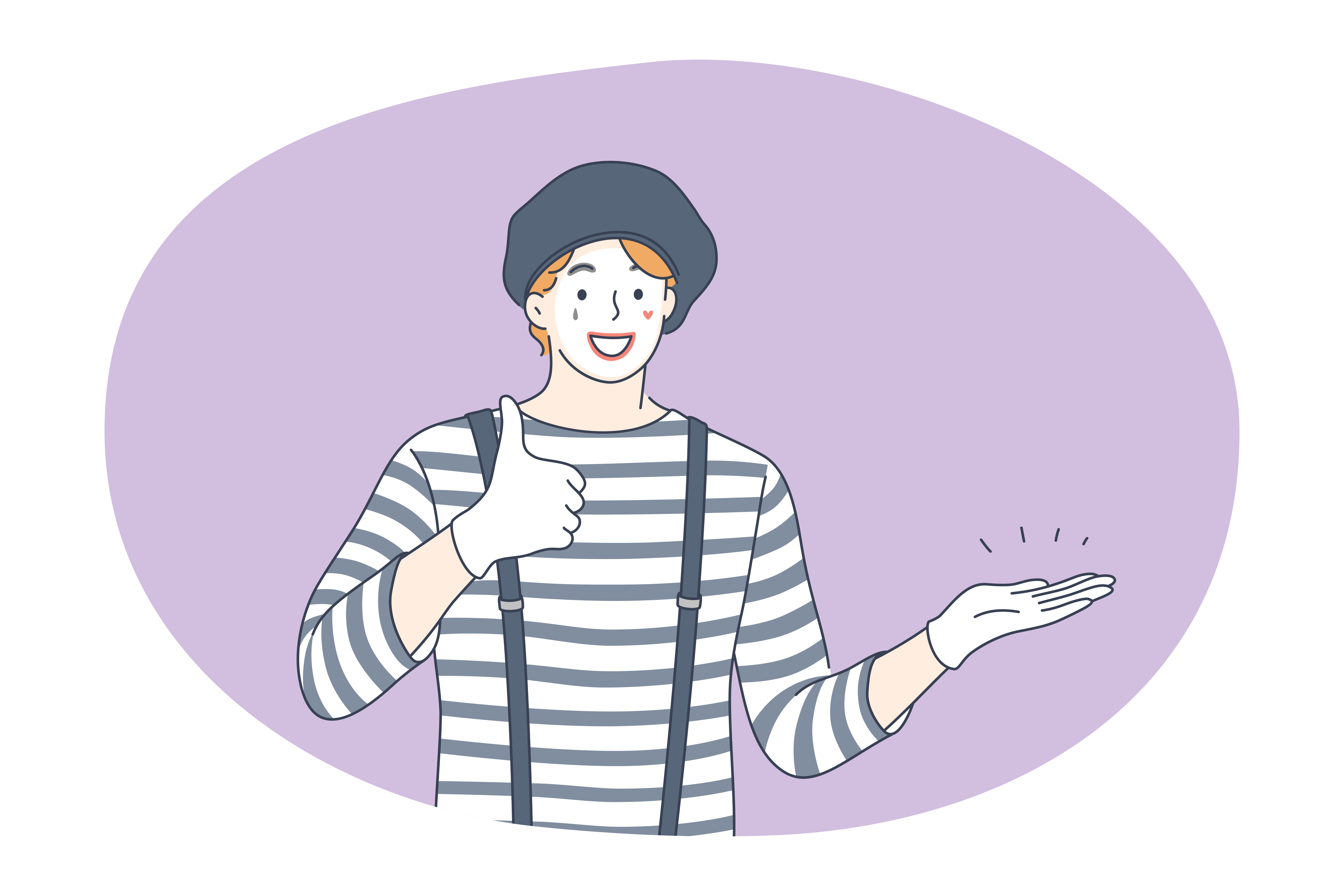 Circus, performance, entertainment concept. Young man clown performer cartoon character in striped costume and cap showing thumbs up sign during circus show. Leisure, art, performer illustration. Circus, performance, entertainment concept