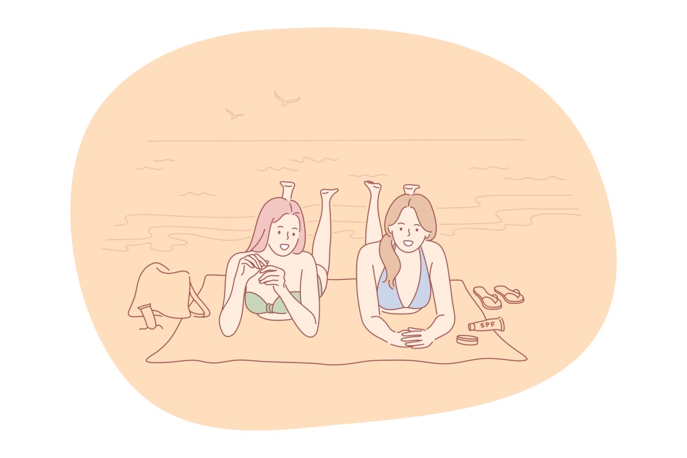 Beach, vacations, travel in summer concept. Young smiling women friends lying on sand in bikini, sunbathing and talking during vacations on sea. Tourism, vacations, destination illustration. Beach, vacations, travel in summer concept