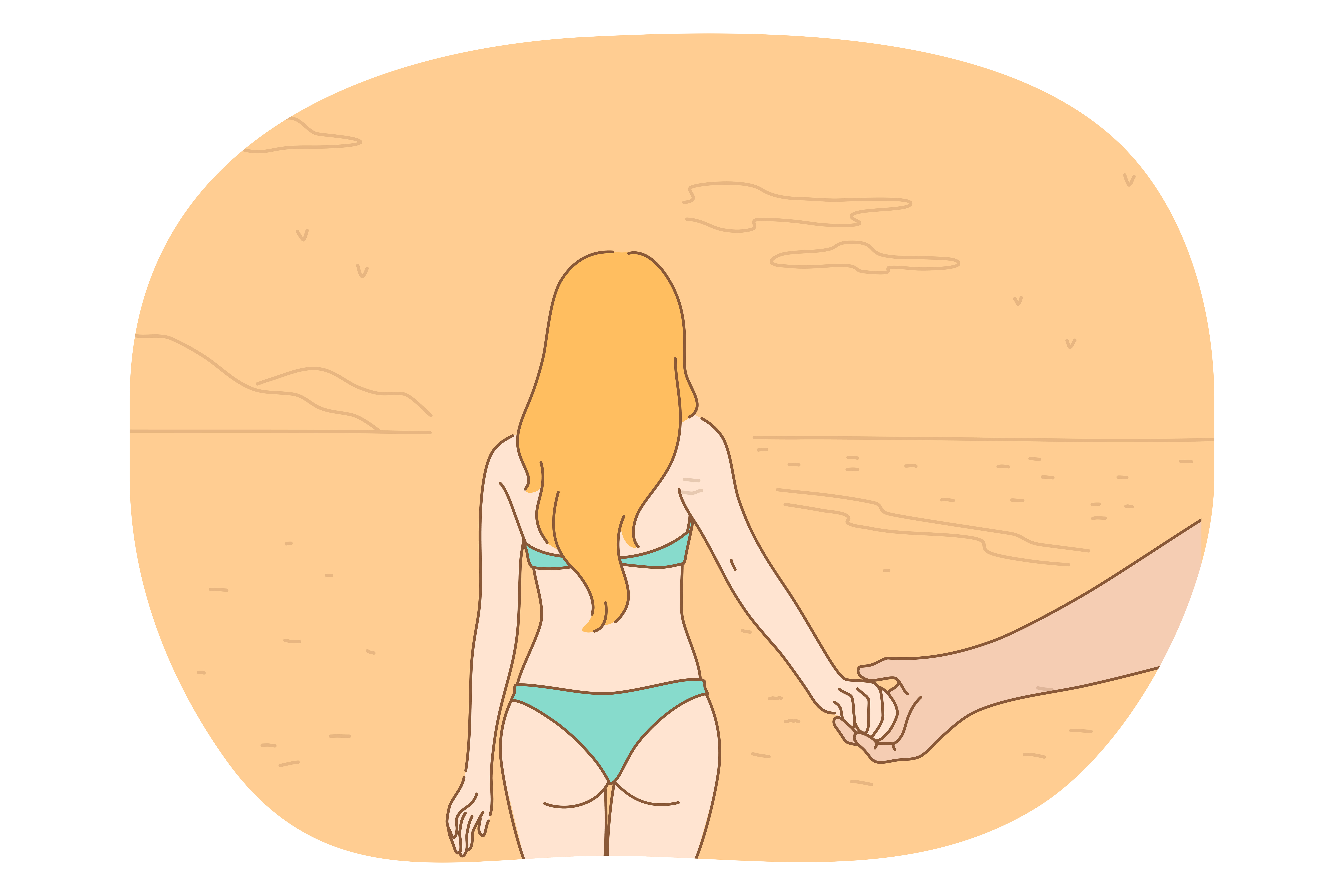Beach, vacations, travel in summer concept. Young slim woman in green bikini standing backwards and holding hand of boyfriend or husband on beach during vacations on sea, rear view. Tourism, vacations. Beach, vacations, travel in summer concept