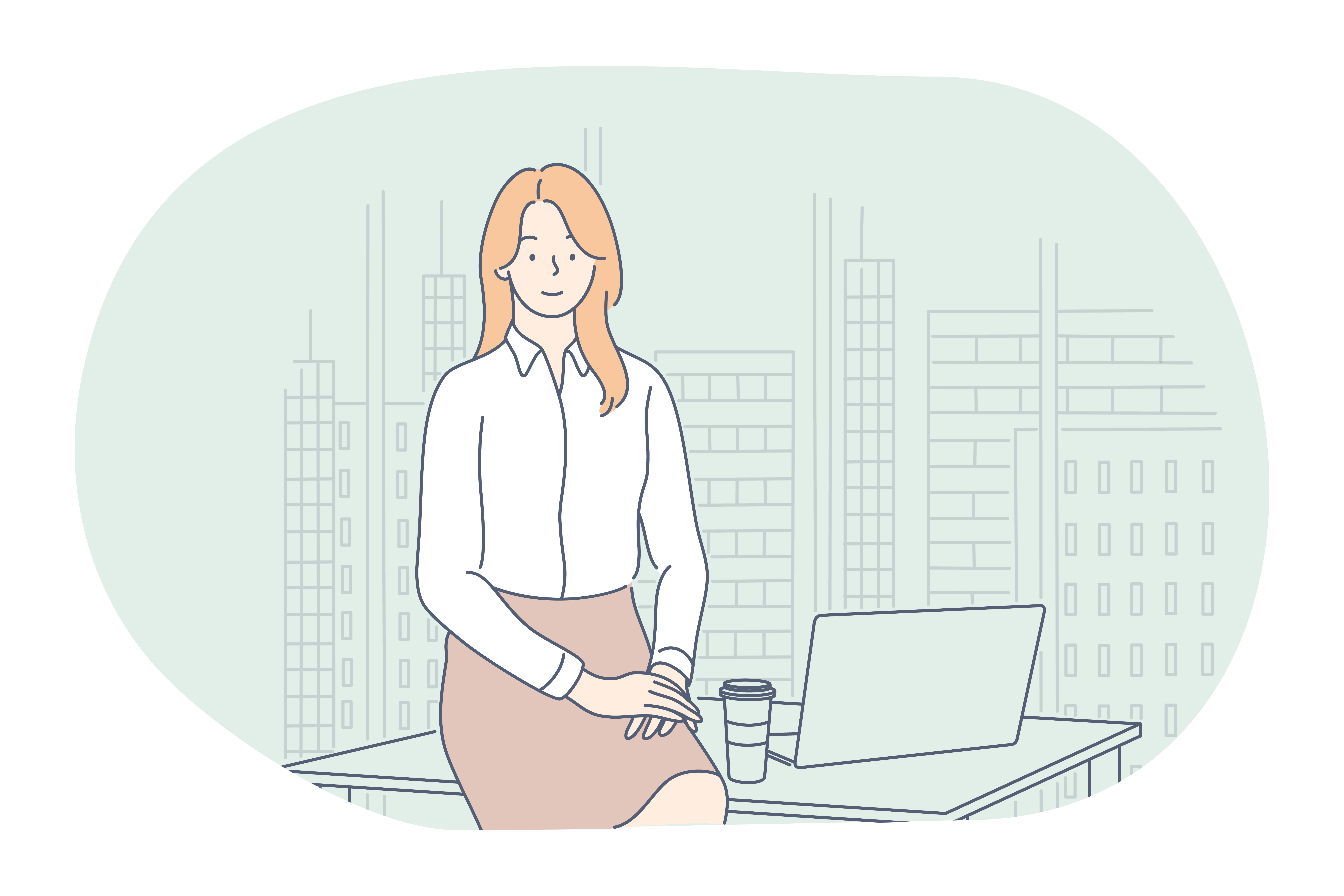 Working in office, modern company interior, online communication concept. Young smiling woman cartoon character sitting on workplace, working on notebook, communicating, thinking about work. Working in office, modern company interior, online communication concept