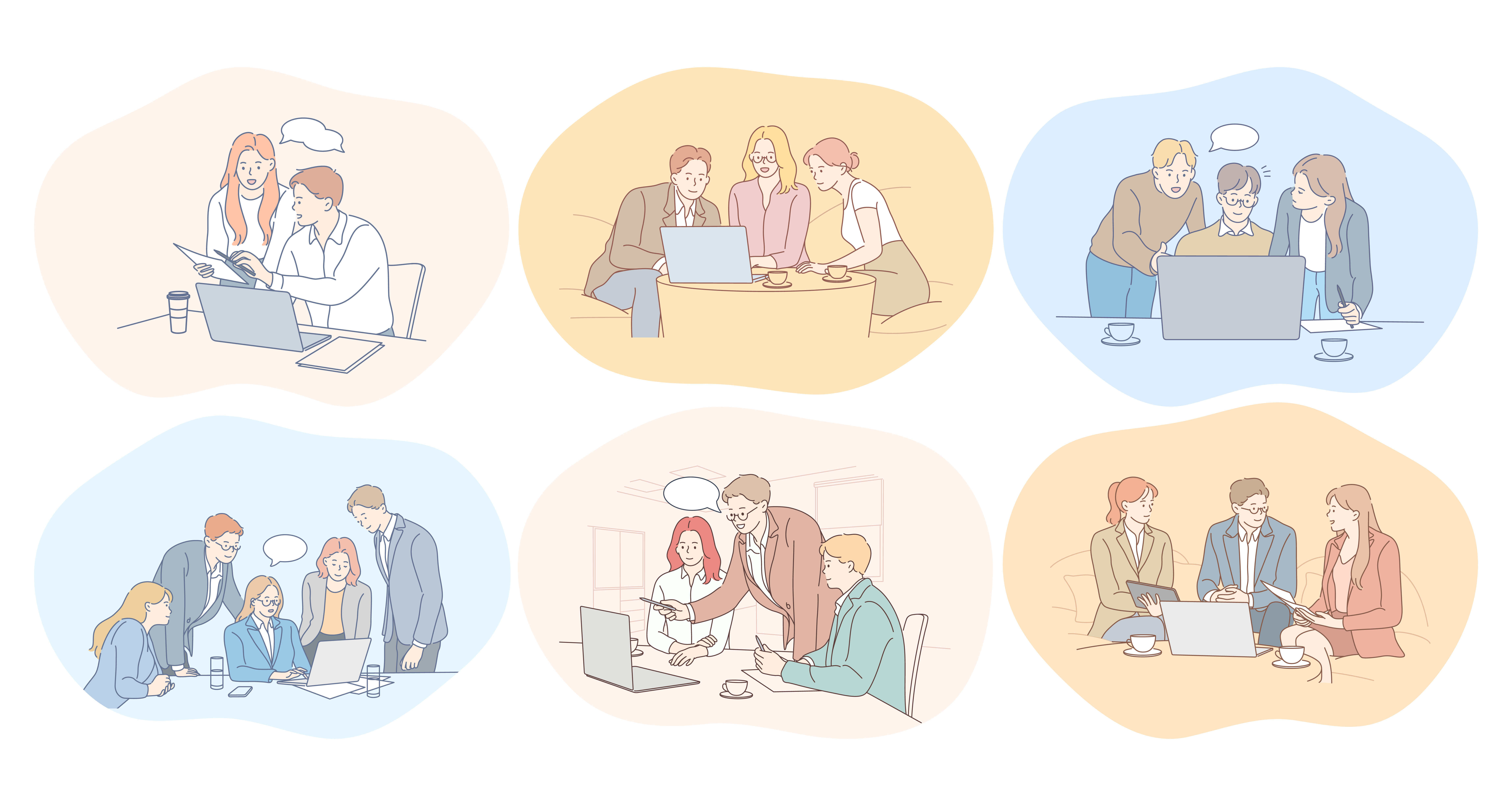 Negotiations, teamwork, brainstorming, collaboration, business, development, success concept. Young business people partners coworkers cartoon characters discussing projects in office together. Negotiations, teamwork, brainstorming, collaboration, business, development, success concept