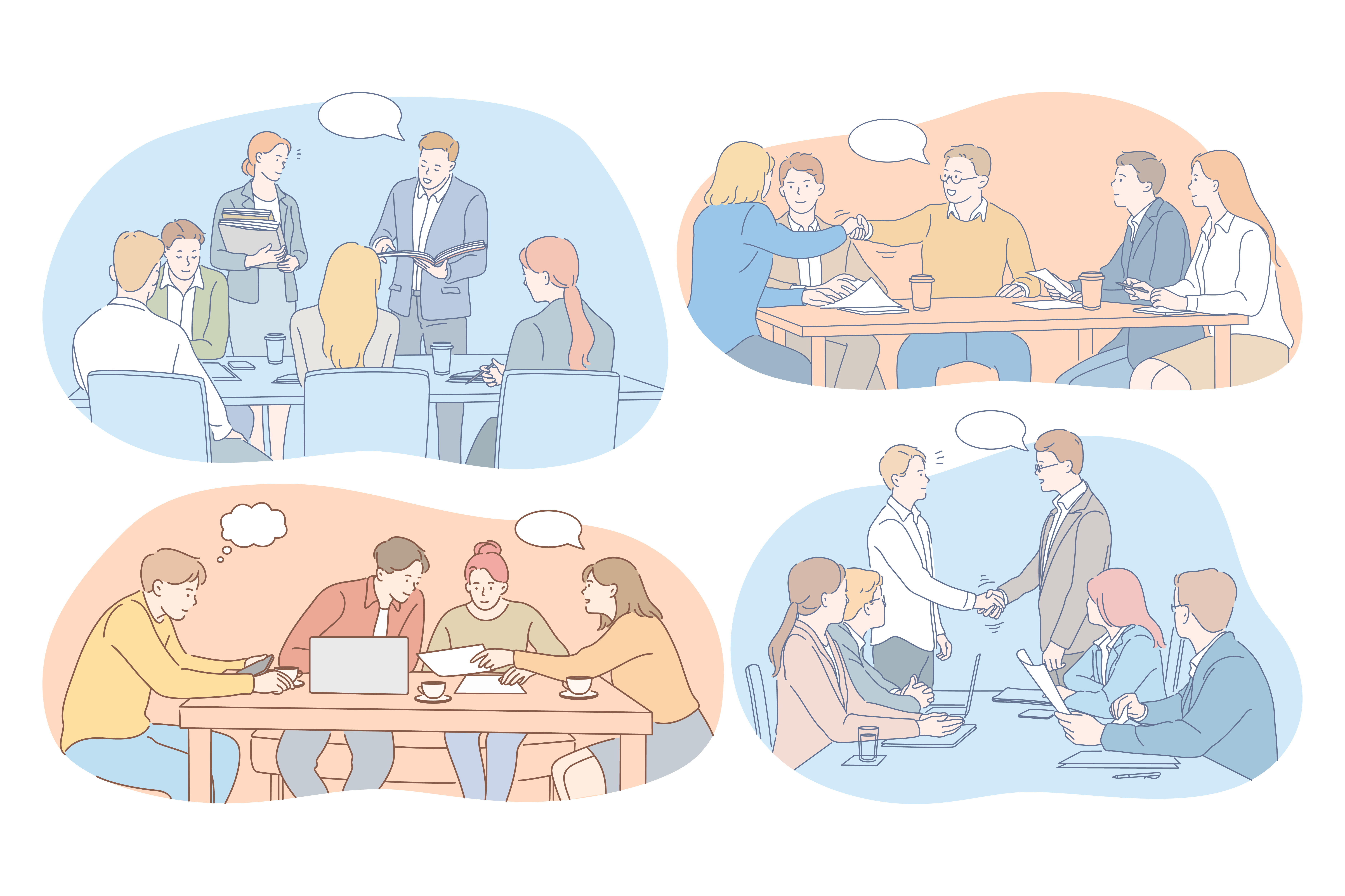 Negotiations, brainstorming, teamwork, cooperation, business, development, success concept. Young business people partners coworkers cartoon characters discussing projects in office and making deals. Negotiations, brainstorming, teamwork, cooperation, business, development, success concept