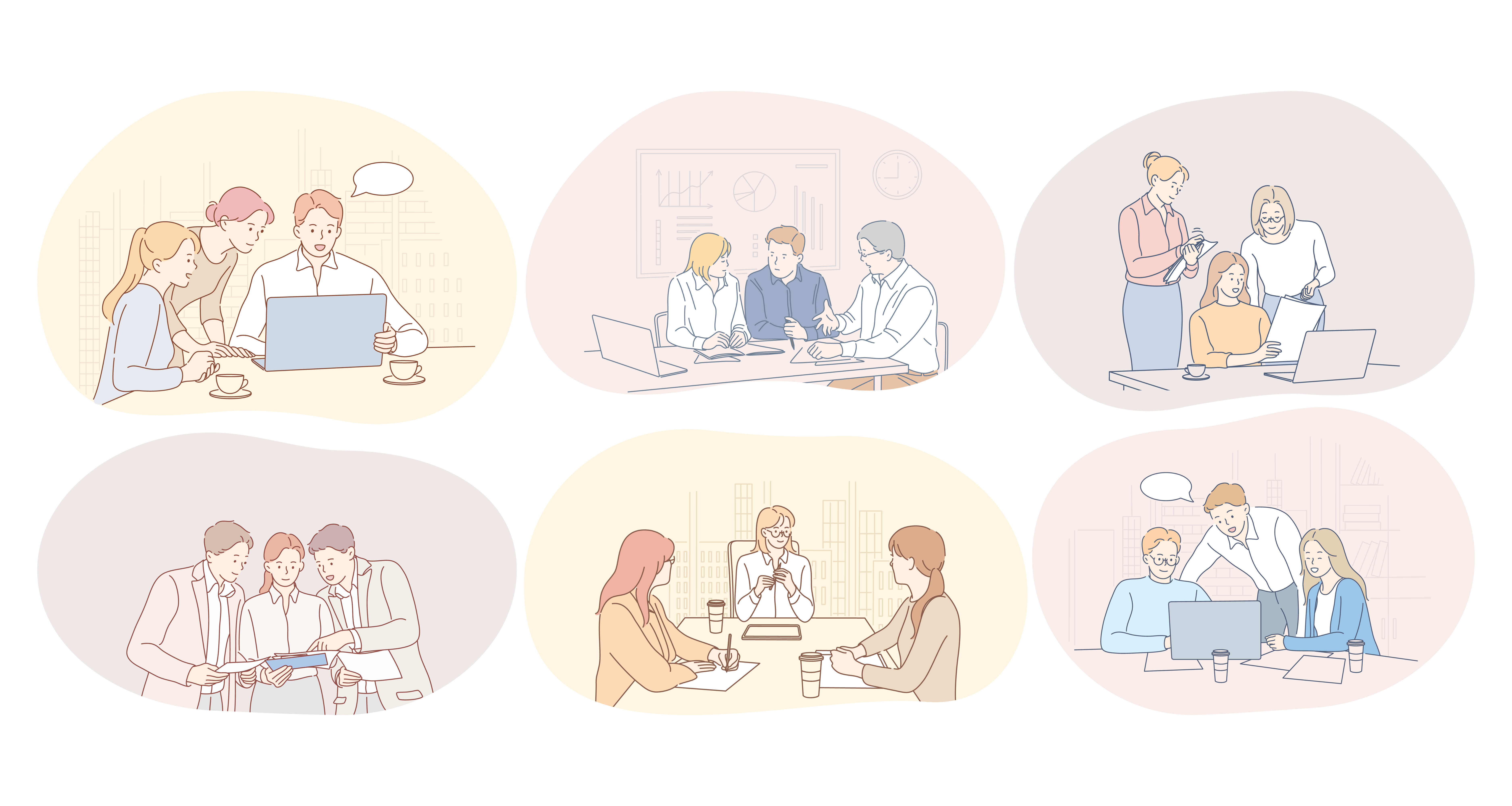 Teamwork, communication, meeting, discussion, collaboration concept. Business people partners coworkers cartoon characters discussing projects, having brainstormings and meetings in office . Teamwork, communication, meeting, discussion, collaboration concept