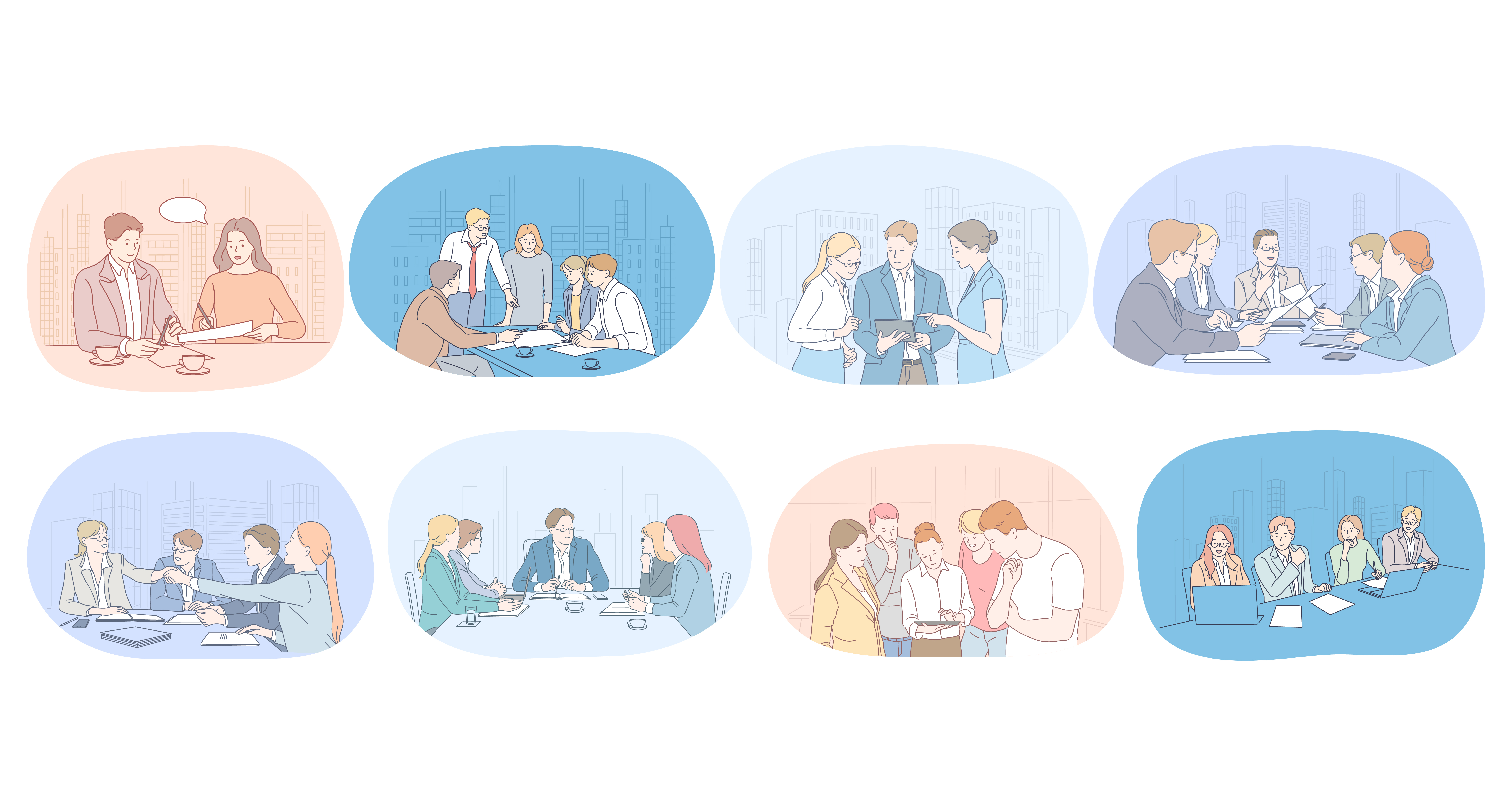 Communication, business, teamwork, brainstorming, presentation, agreement concept. Business people partners coworkers cartoon characters discussing projects, having brainstorming, negotiating . Communication, business, teamwork, brainstorming, presentation, agreement concept