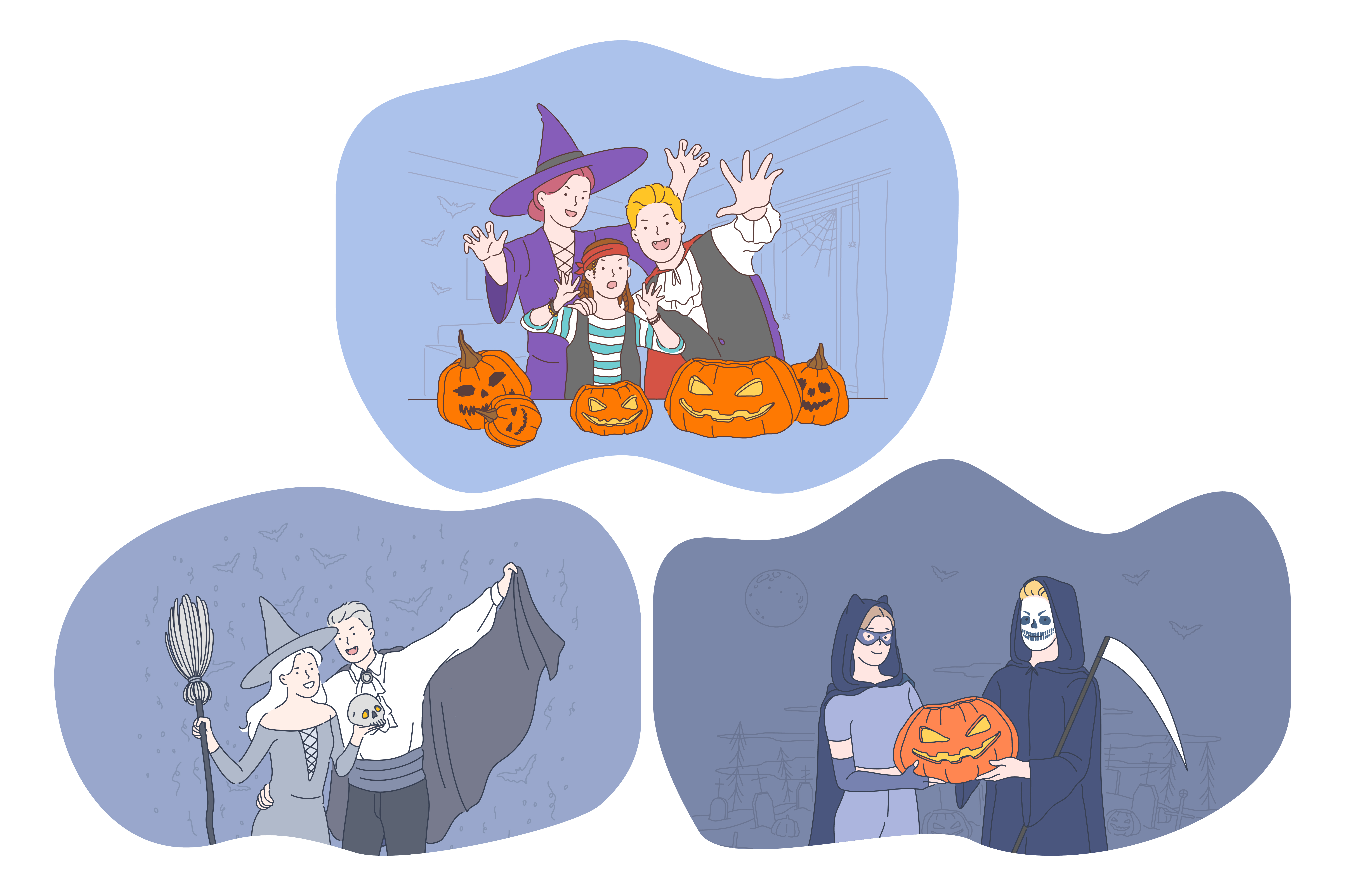 Celebrating Halloween holiday in spooky costumes concept. Young positive people cartoon characters in hats, vampire, witch, monster costumes celebrating Halloween with traditional pumpkins in hands . Celebrating Halloween holiday in spooky costumes concept