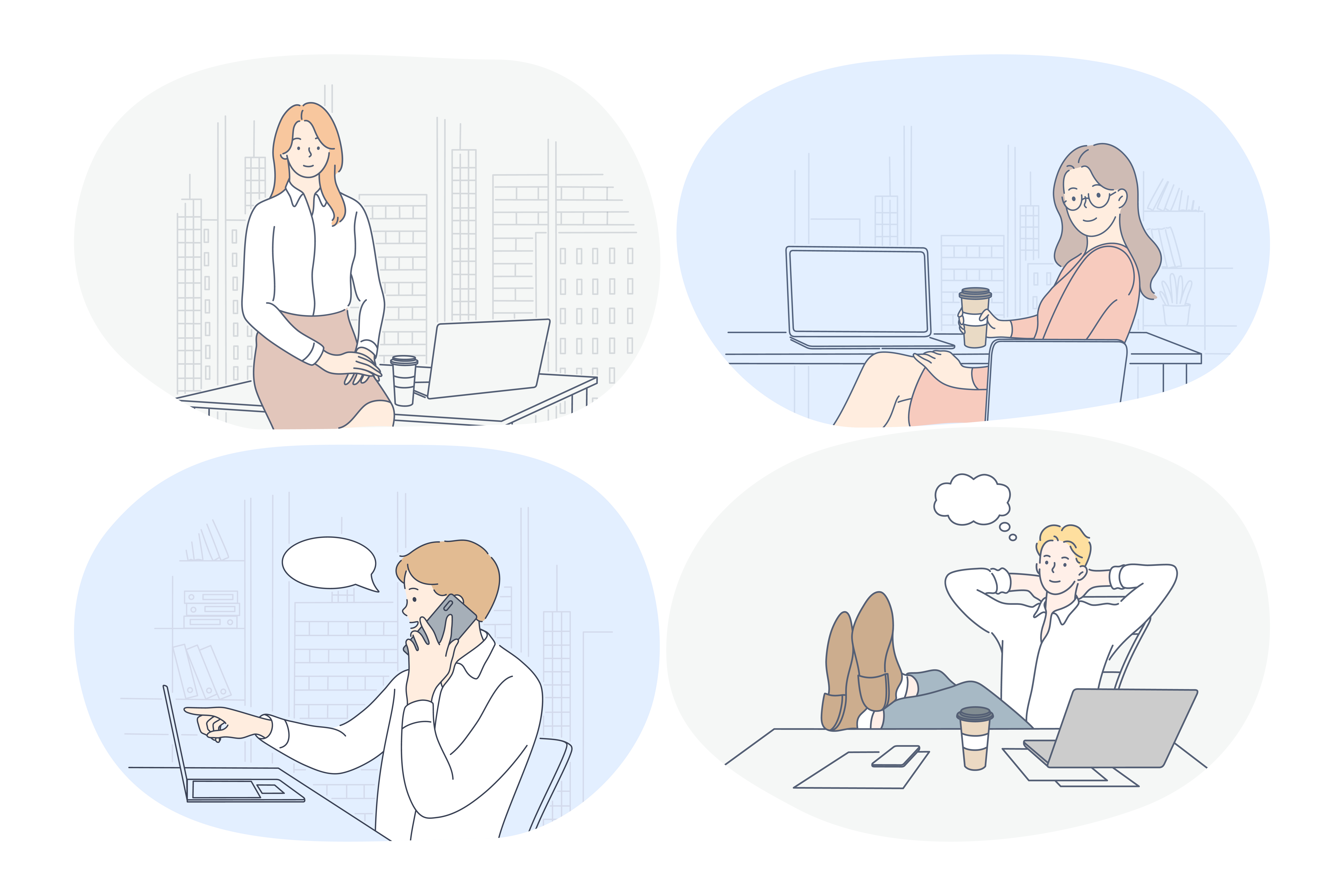 Working in office, laptop, modern company interior, startup, online communication concept. Young woman and man cartoon characters sitting on workplace, working on notebooks, communicating, thinking. Working in office, laptop, modern company interior, startup, online communication concept
