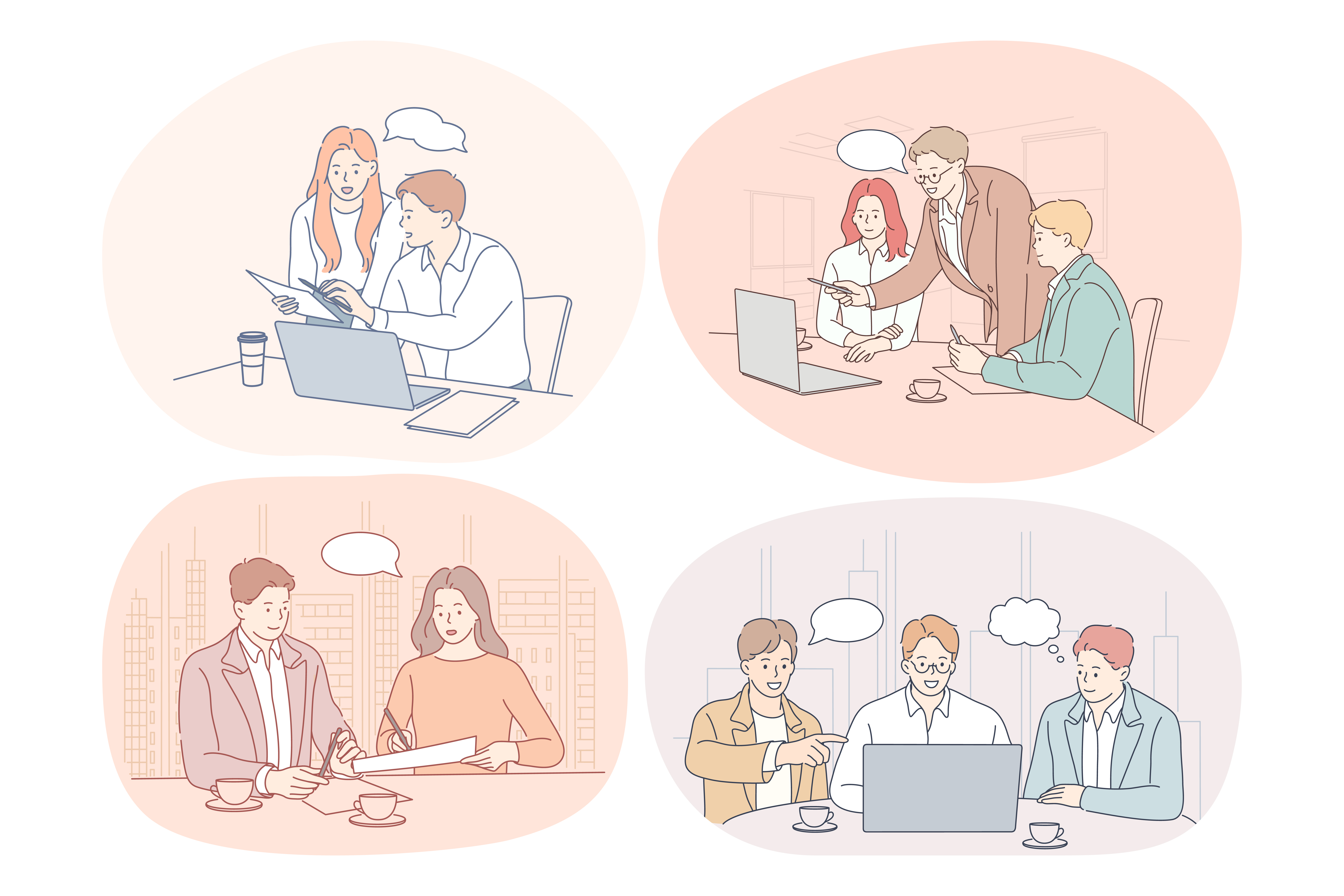 Teamwork, brainstorming, discussion, business, startup, negotiations concept. Business people partners coworkers cartoon characters discussing projects and startups together in office with laptops . Teamwork, brainstorming, business, negotiations, deal, office, collaboration concept