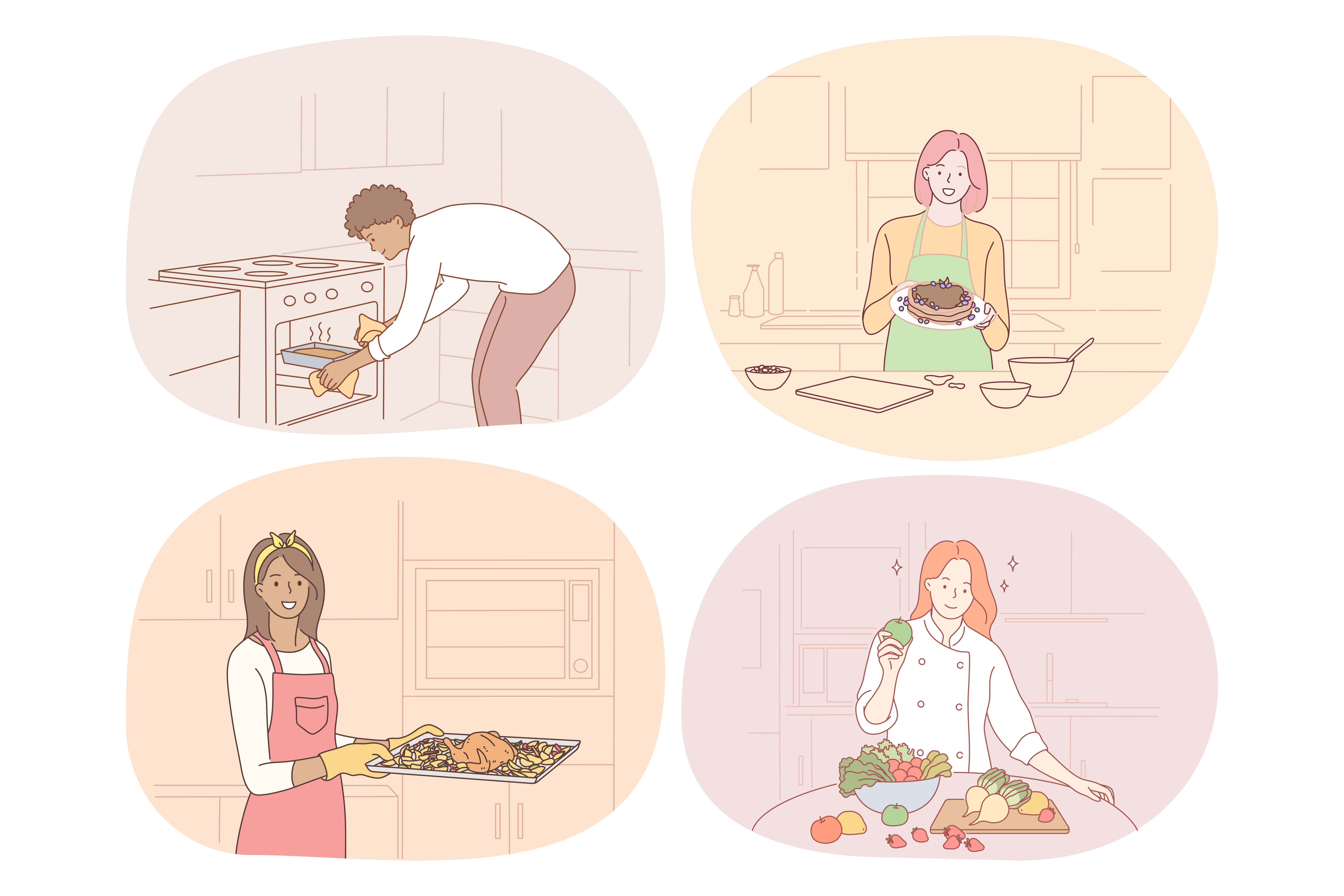 Cooking, baking, recipe, chef, cook, food concept. Young people men and women cooking food at home, baking, making healthy dishes and enjoying time in kitchen vector illustration. Gourmet, homemade. Cooking, baking, recipe, chef, cook, food concept