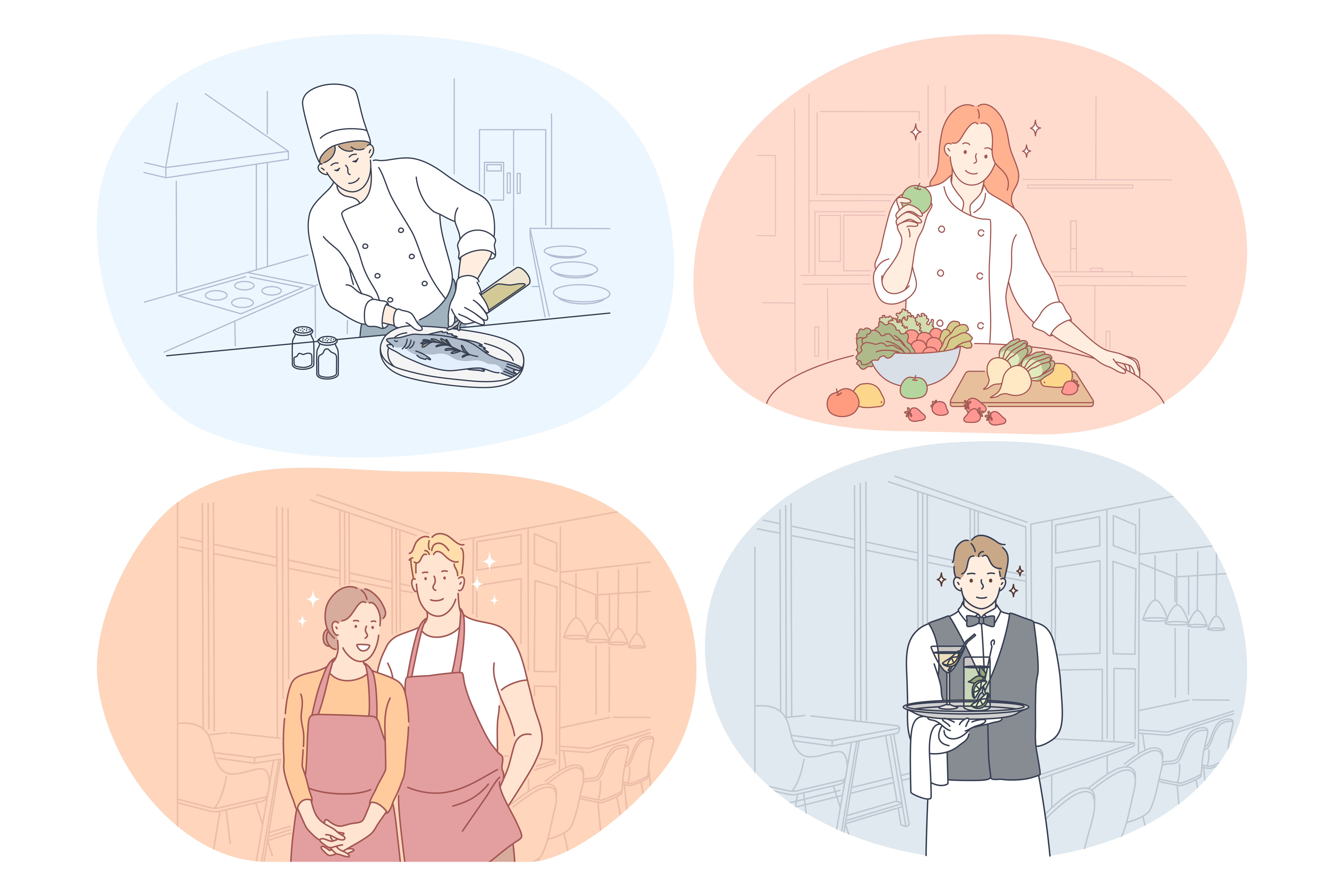 Restaurant worker, cook, chef, waiter, barista concept. Young positive men and women restaurant workers in uniform and aprons cooking, serving food and drinks, waiting for guests during working day. Restaurant worker, cook, chef, waiter, barista concept
