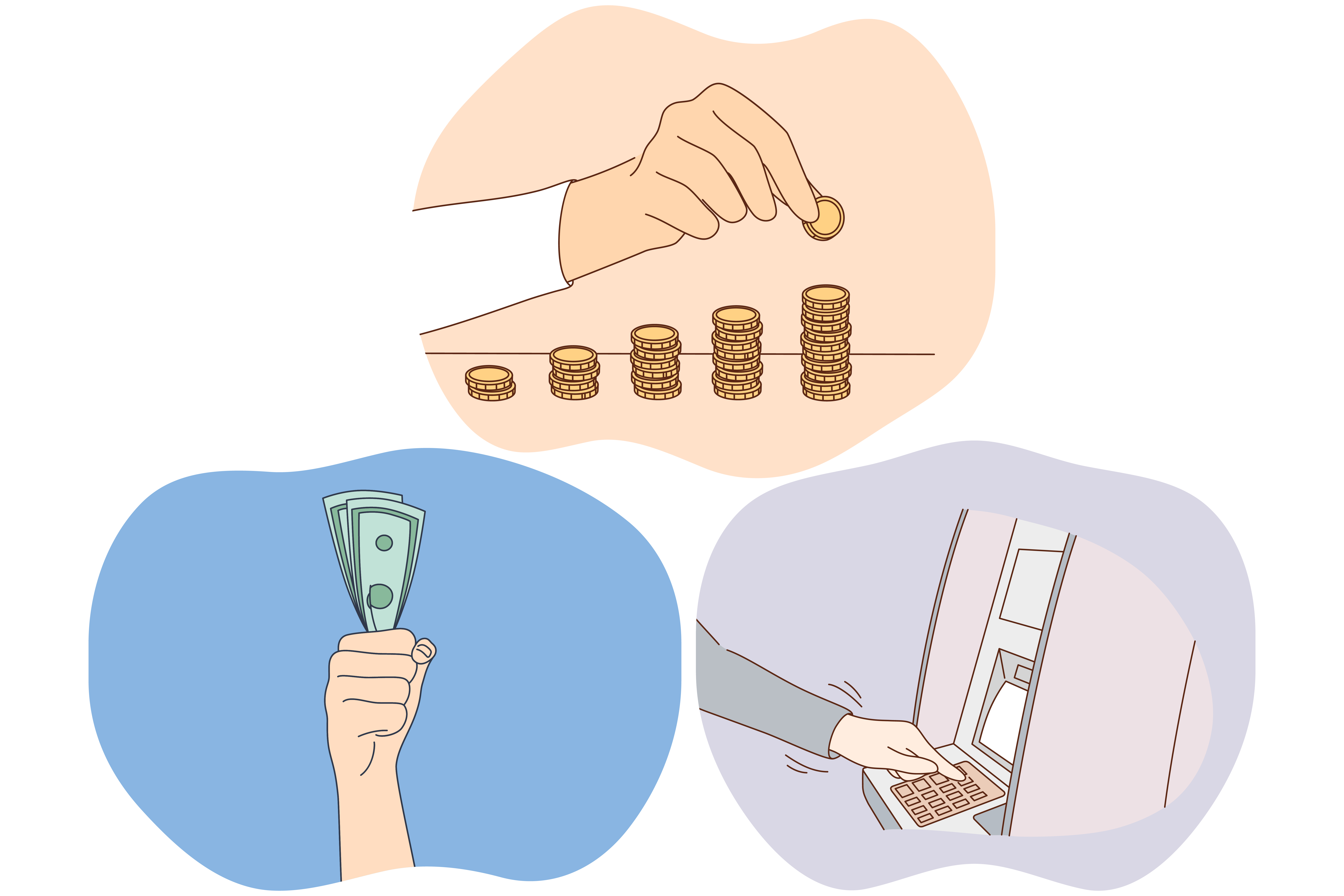 Money savings, earning financial wealth concept. Hands of people making stacks of golden coins, holding heap of cash, making withdrawal on atm machine. Finance, payment, credit, investing illustration. Money savings, earning financial wealth concept