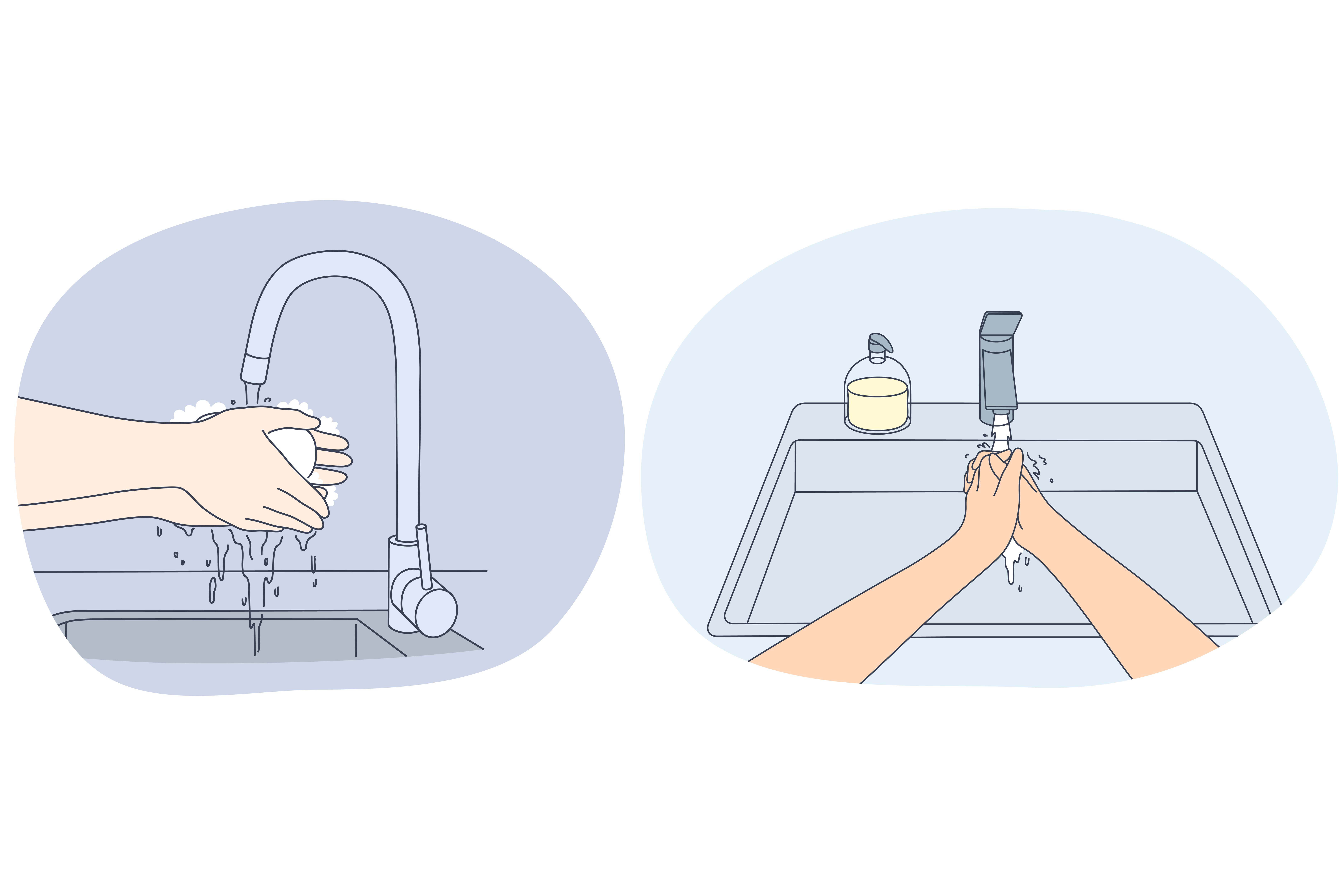 Washing hands, personal hygiene and protection from virus concept. People washing hands properly with soap for protective care in home or public places sinks vector illustration . Washing hands, personal hygiene and protection from virus concept