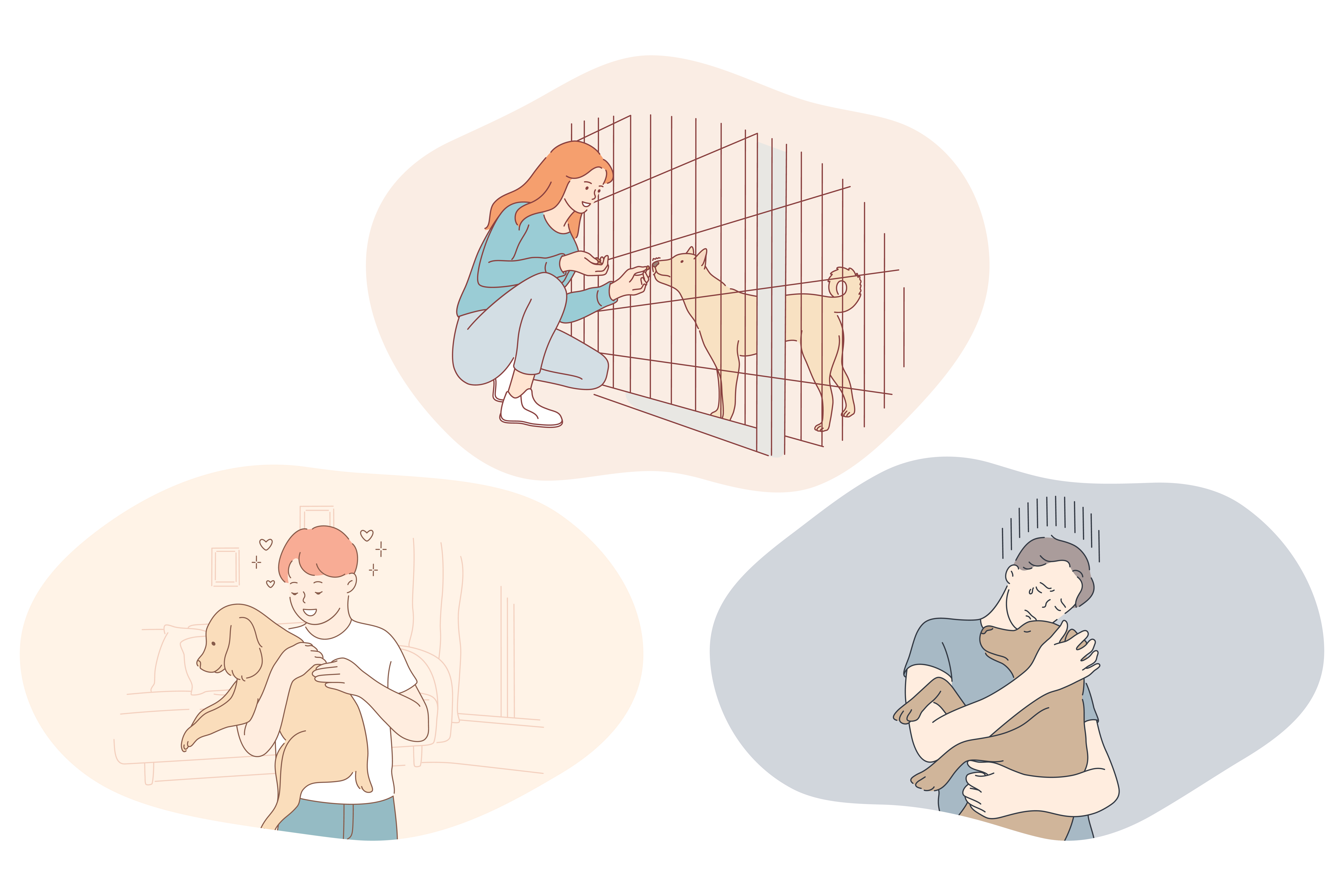 Adoption dogs from shelter, volunteering and helping pets concept. Young boys and girl feeding dogs in shelter cage, holding on hands, hugging and taking care of adopted puppies illustration . Adoption dogs from shelter, volunteering and helping pets concept
