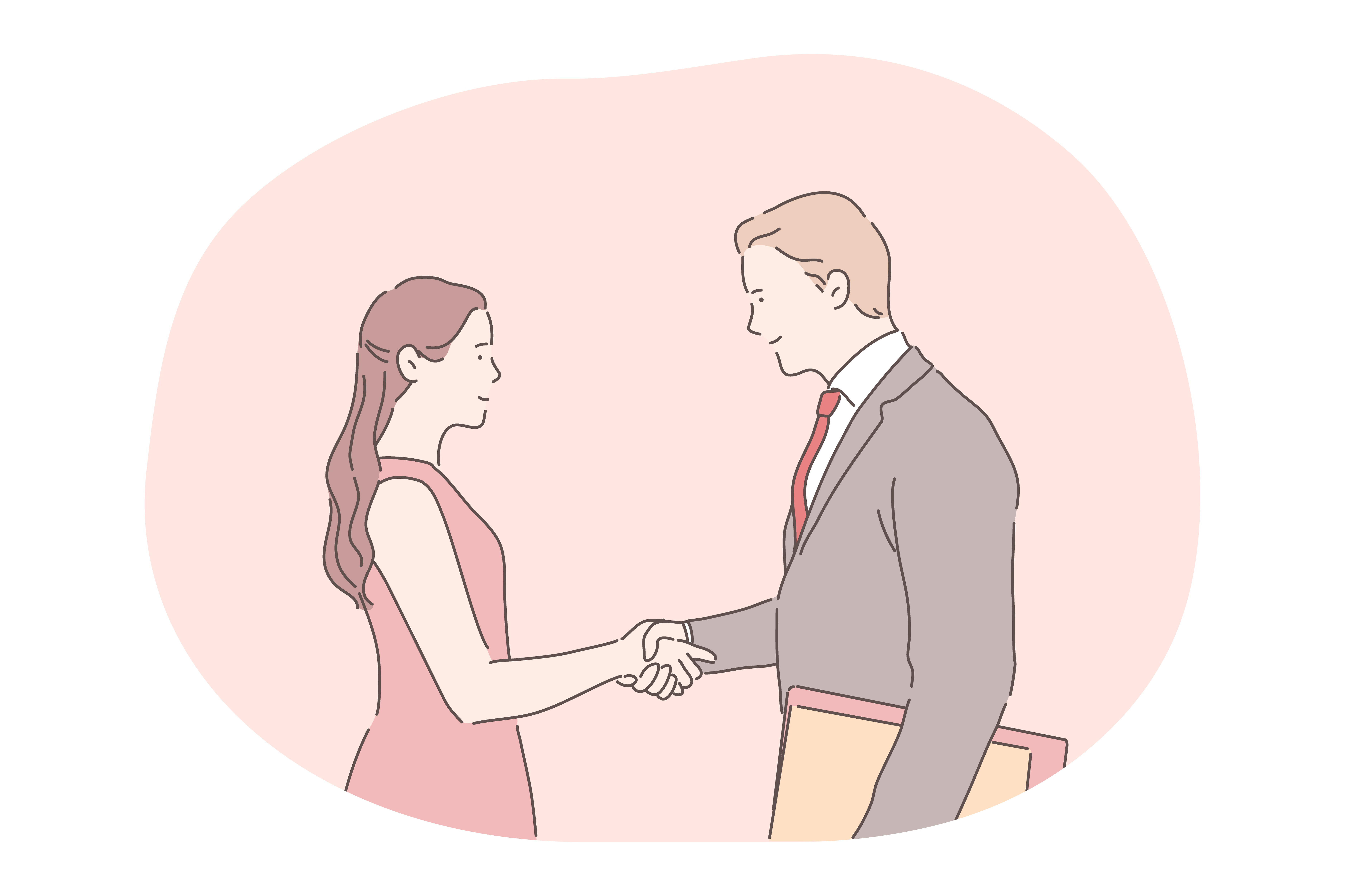 Deal, business agreement, successful negotiations concept. Young smiling business people man and woman partners cartoon characters standing and shaking hands after successful negotiations in office. Deal, business agreement, successful negotiations concept