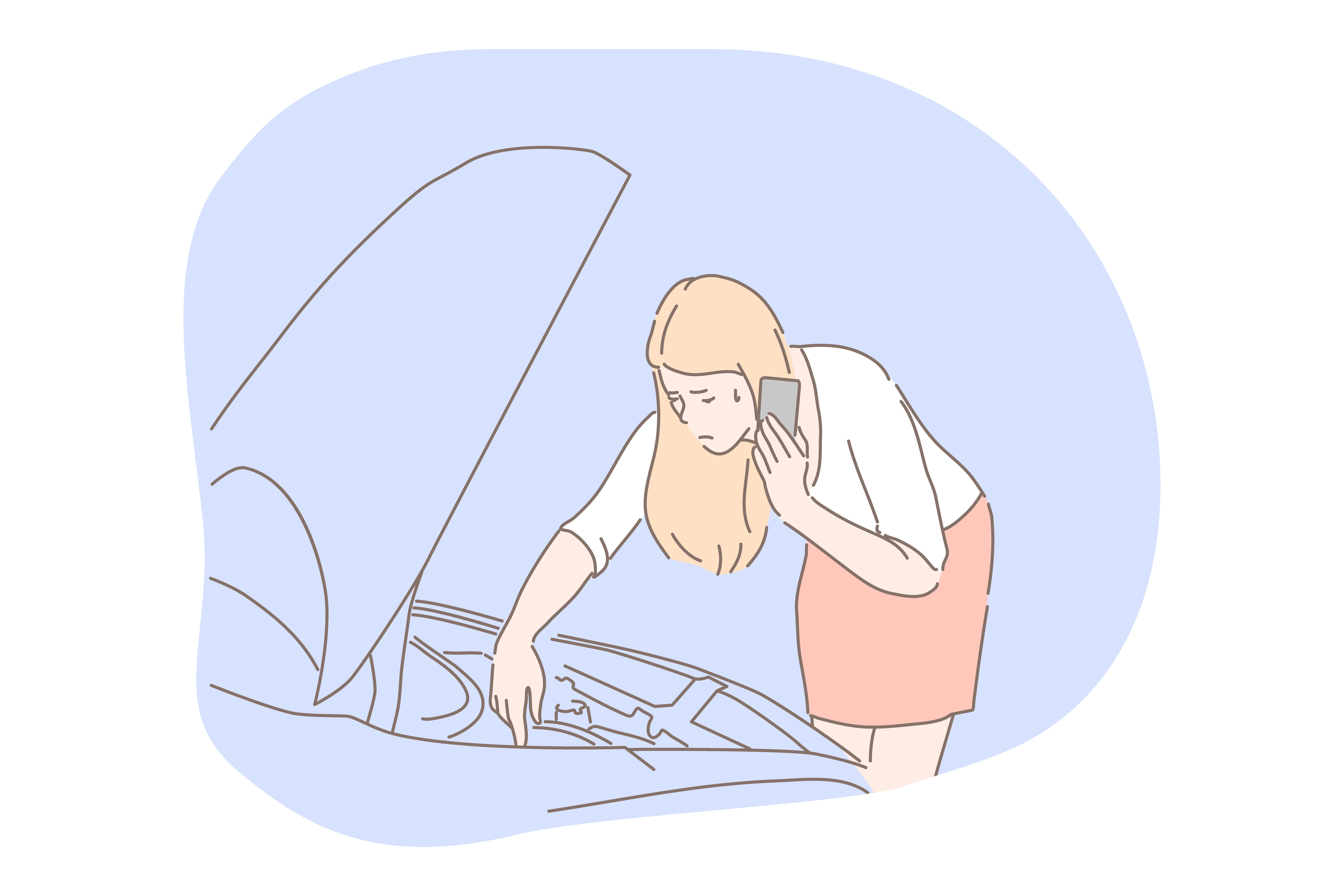 Women and car breakdown concept. Young unhappy frustrated woman driver cartoon character standing near open car hood during breakdown or accident and calling to somebody asking for help on phone . Women and car breakdown concept