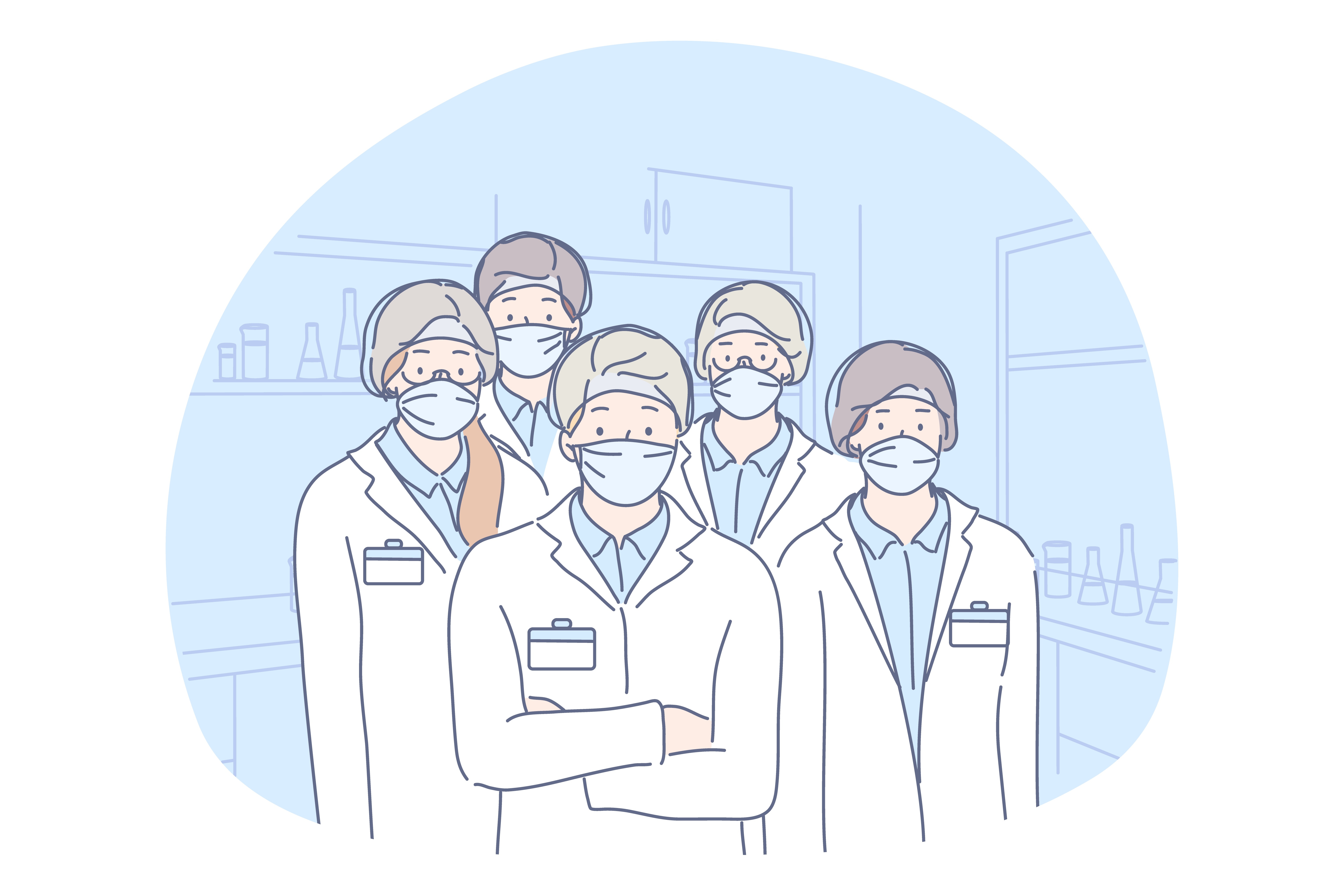 Healthcare, medicine, infection, coronavirus, protection concept. Group or team of men and women doctors lab workers scientists colleagues with medical face masks illustration. Covid19 desease danger.. Healthcare, medicine, infection, coronavirus, protection concept