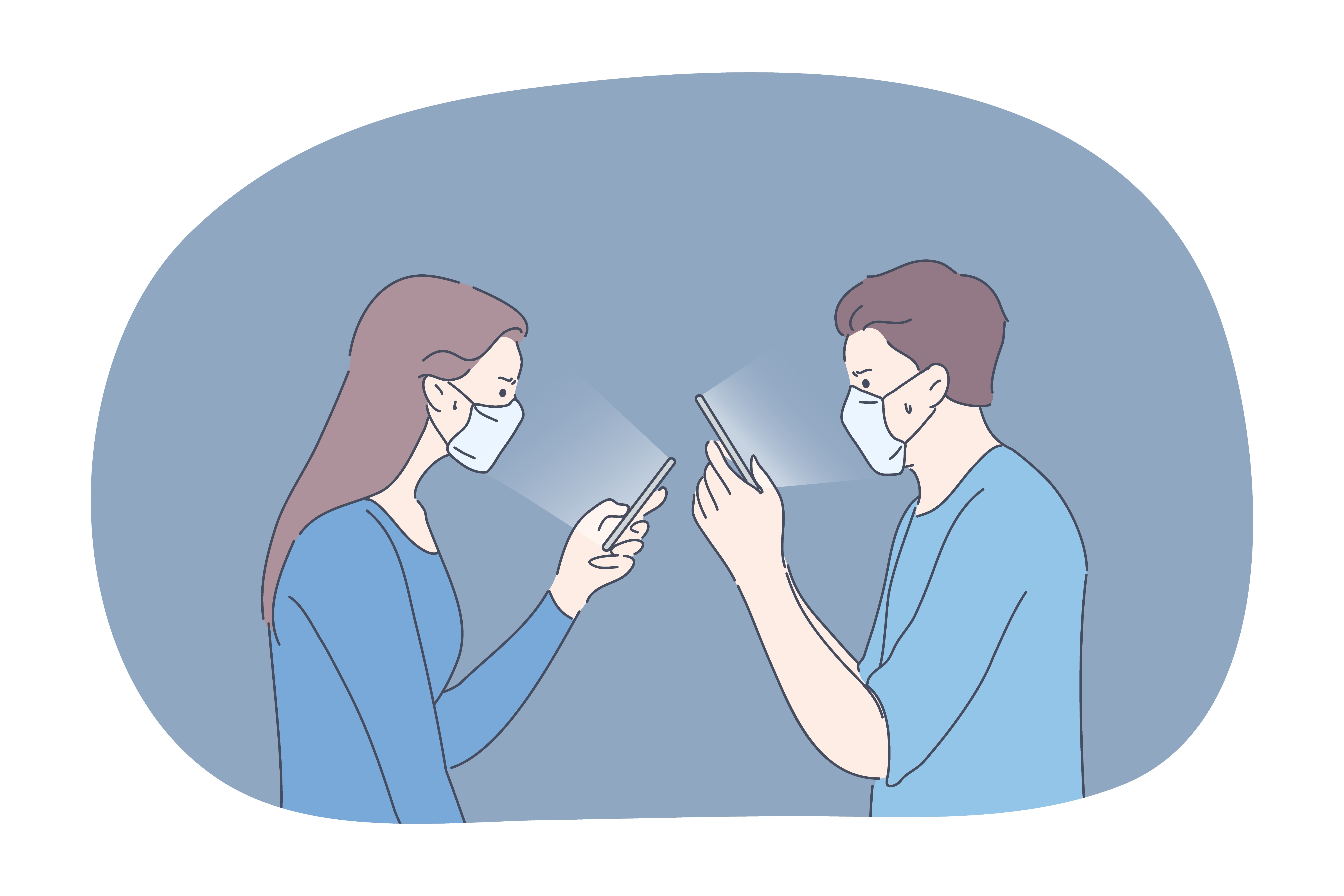 Protection, communication, infection, coronavirus concept. Couple man and woman wearing medical face masks communicate in social media online togehter. Stay home during COVID19 disease quarantine.. Protection, quarantine, communication, infection, coronavirus concept