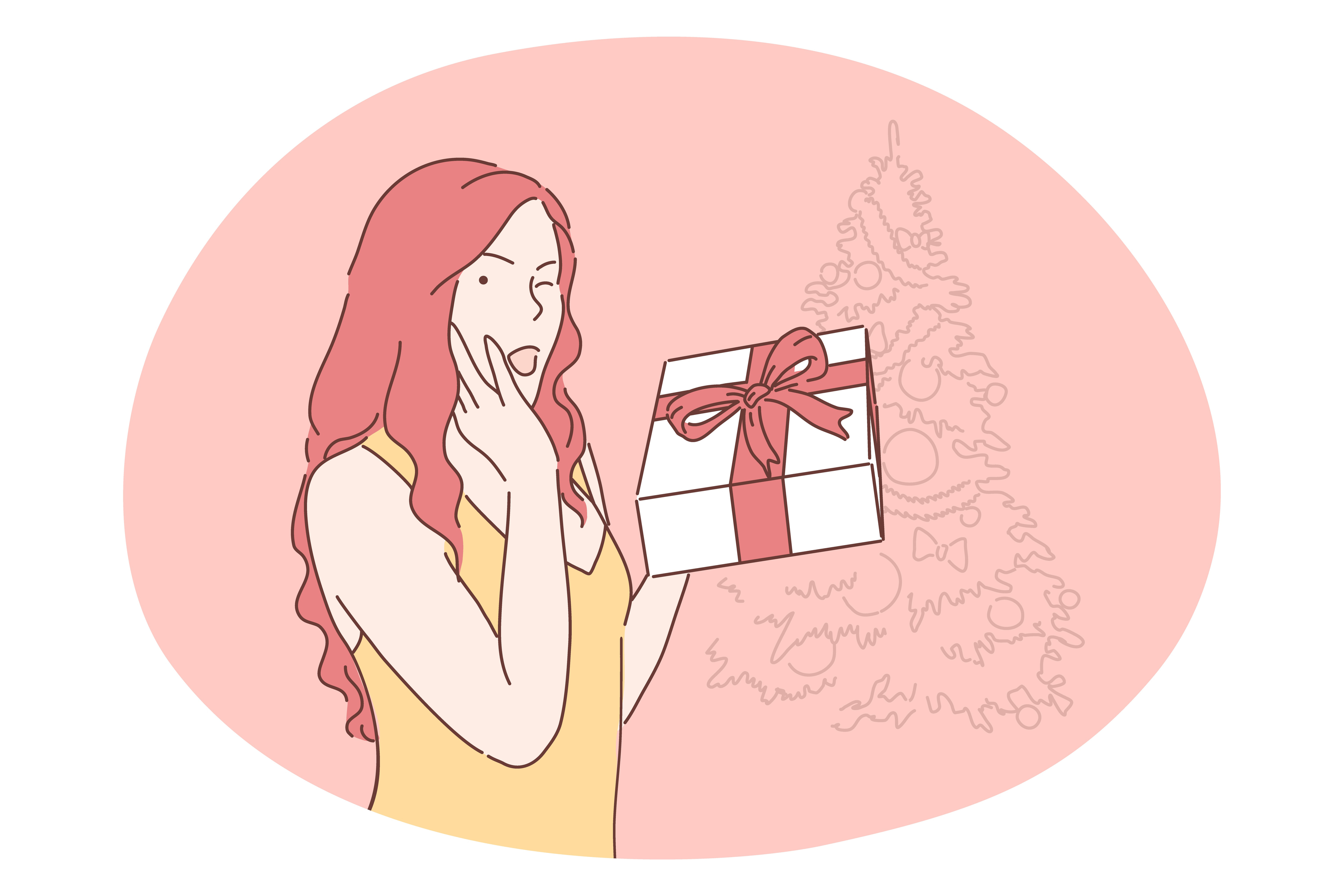 Christmas present, gift, celebration of New Year and winter holidays concept. Smiling young woman cartoon character feeling surprised and anticipating opening box with holiday Christmas present . Christmas present, gift, celebration of New Year and winter holidays concept