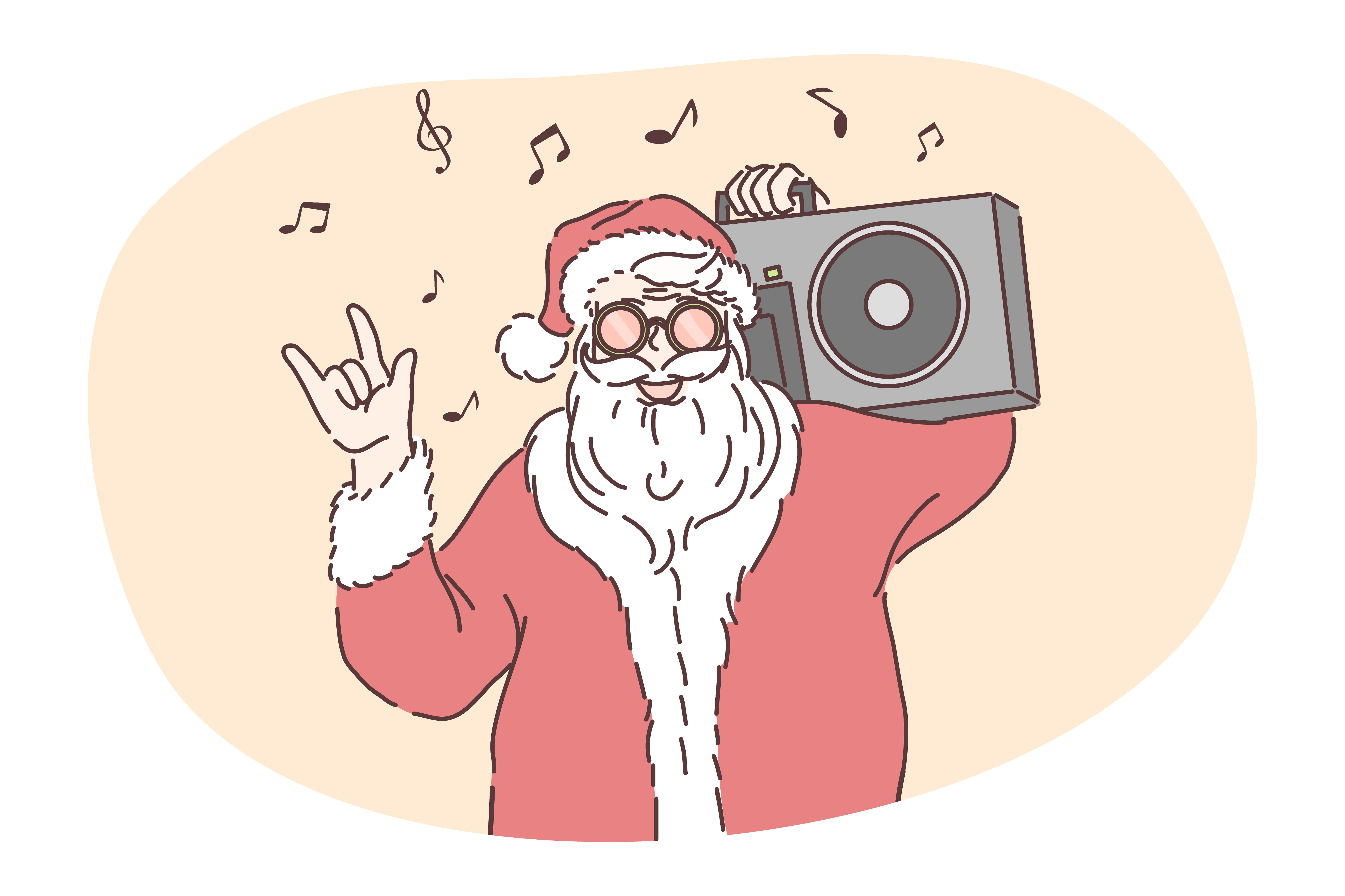 Funny Santa, celebrating Christmas and New year holidays concept. Funny hipster brutal Santa cartoon character in traditional red hat and costume listening to pop music and showing cool gesture . Funny Santa, celebrating Christmas and New year holidays concept
