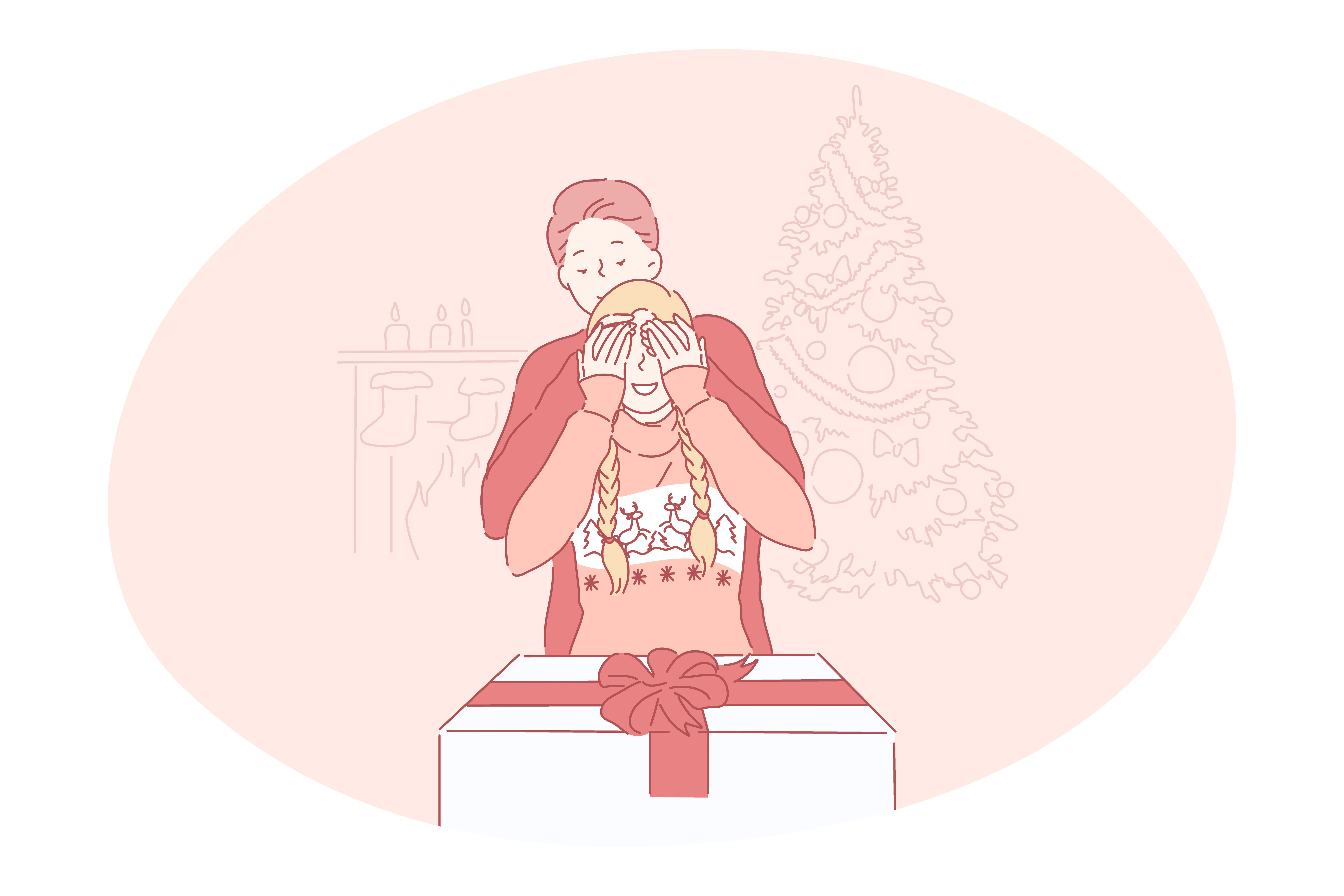 Christmas present, gift, celebration of New Year and winter holidays concept. Smiling boyfriend cartoon character covering girlfriends eyes before showing holiday Christmas present box with ribbon. Christmas present, gift, celebration of New Year and winter holidays concept