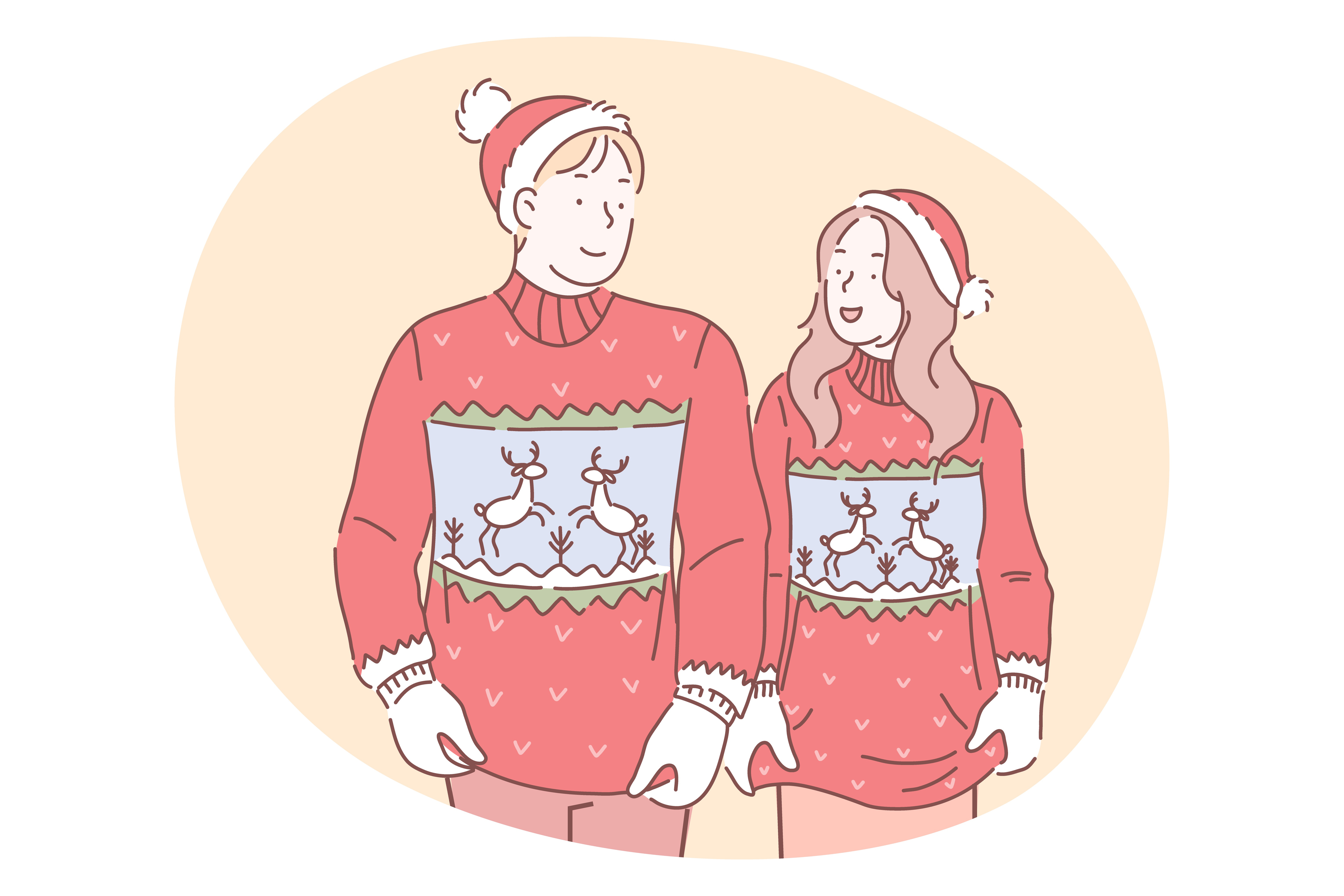 Christmas present, gift, celebration of New Year and winter holidays concept. Smiling young couple in same red sweaters in Santa hats looking at each other during New Year celebration together. Christmas present, gift, celebration of New Year and winter holidays concept