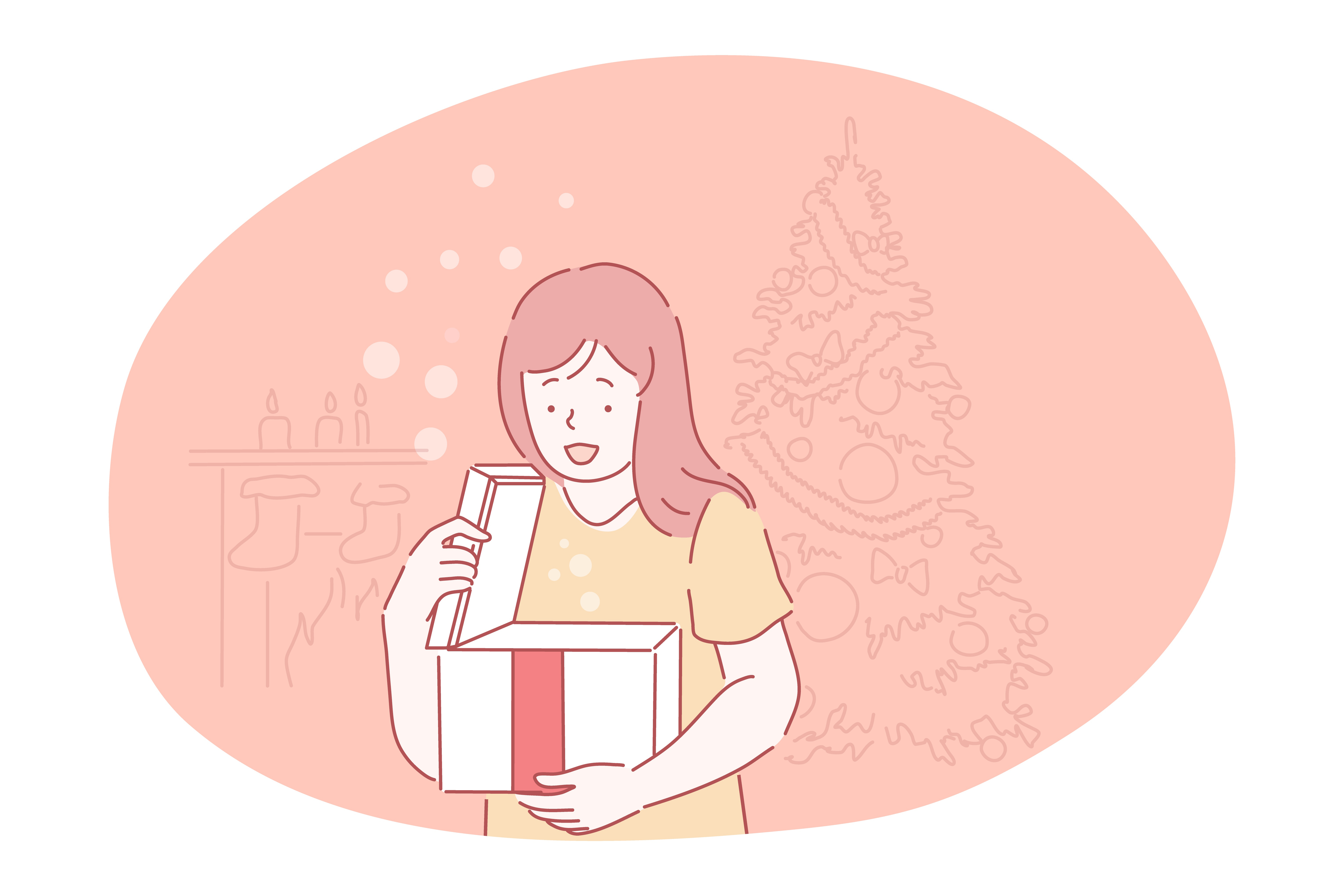 Christmas present, gift, celebration of New Year and winter holidays concept. Small girl cartoon character standing feeling surprised opening box with holiday Christmas present box with red ribbon. Christmas present, gift, celebration of New Year and winter holidays concept