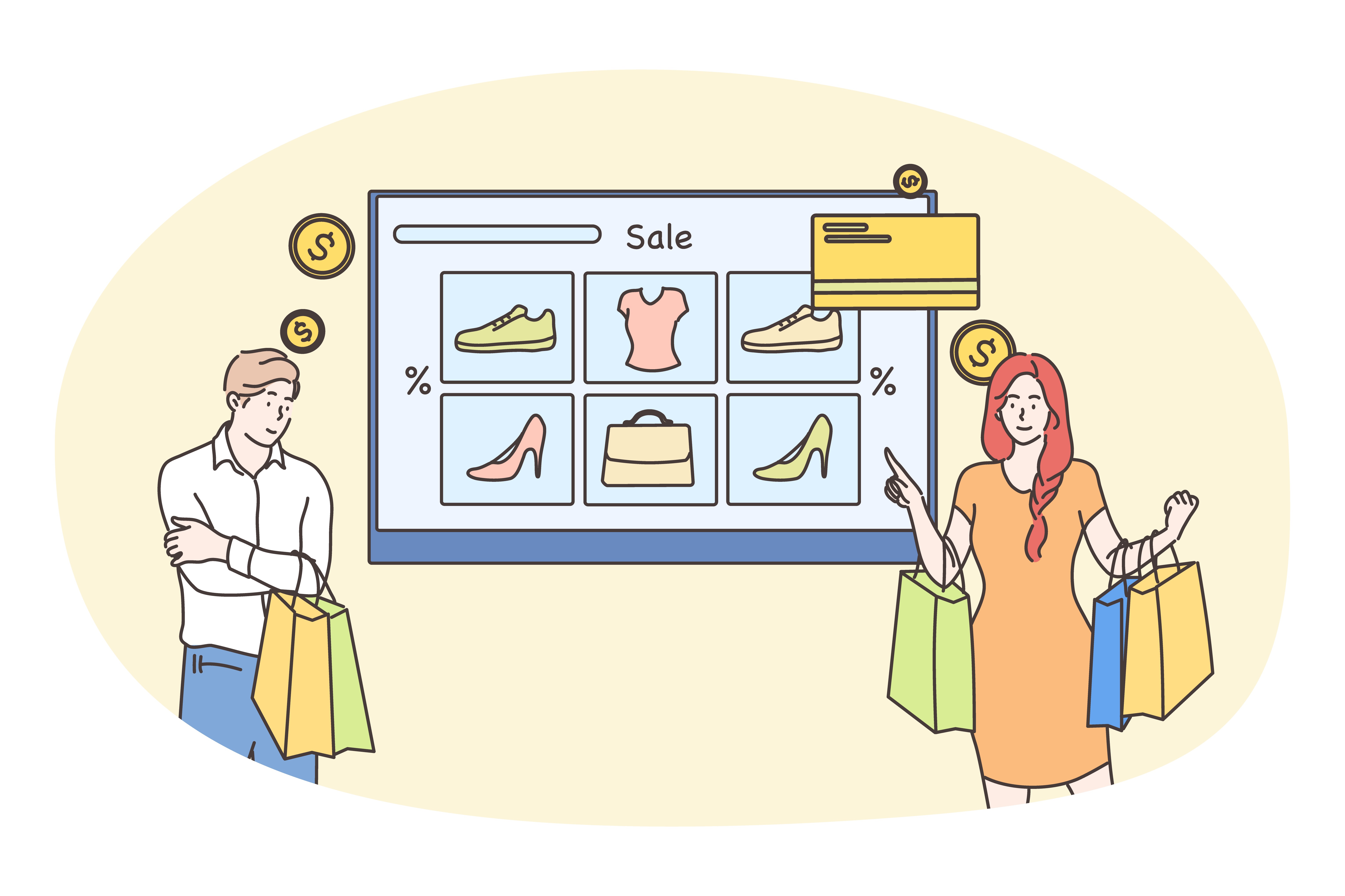Technology, promotion, marketing, shopping, sale concept. Young couple man and woman customers buyers choosing garment clothes making payment online. Web catalogue and digital purchase illustration.. Technology, promotion, marketing, shopping, sale concept