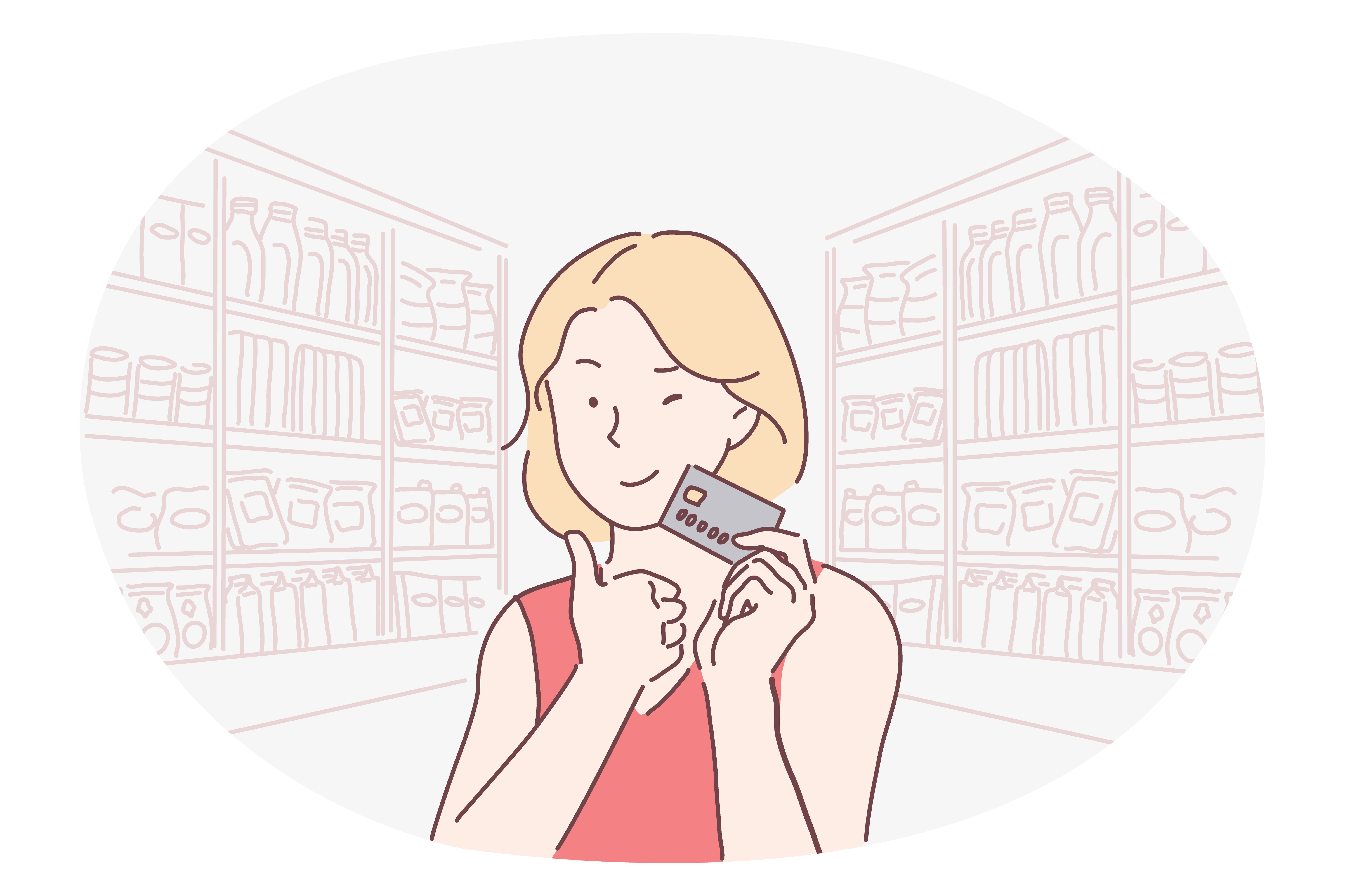 Credit card, paying, shopping, online banking, purchase, buying, customer concept. Young smiling woman cartoon character holding credit card in hands and showing thumbs up during shopping alone. Credit card, paying, shopping, online banking, purchase, buying, customer concept