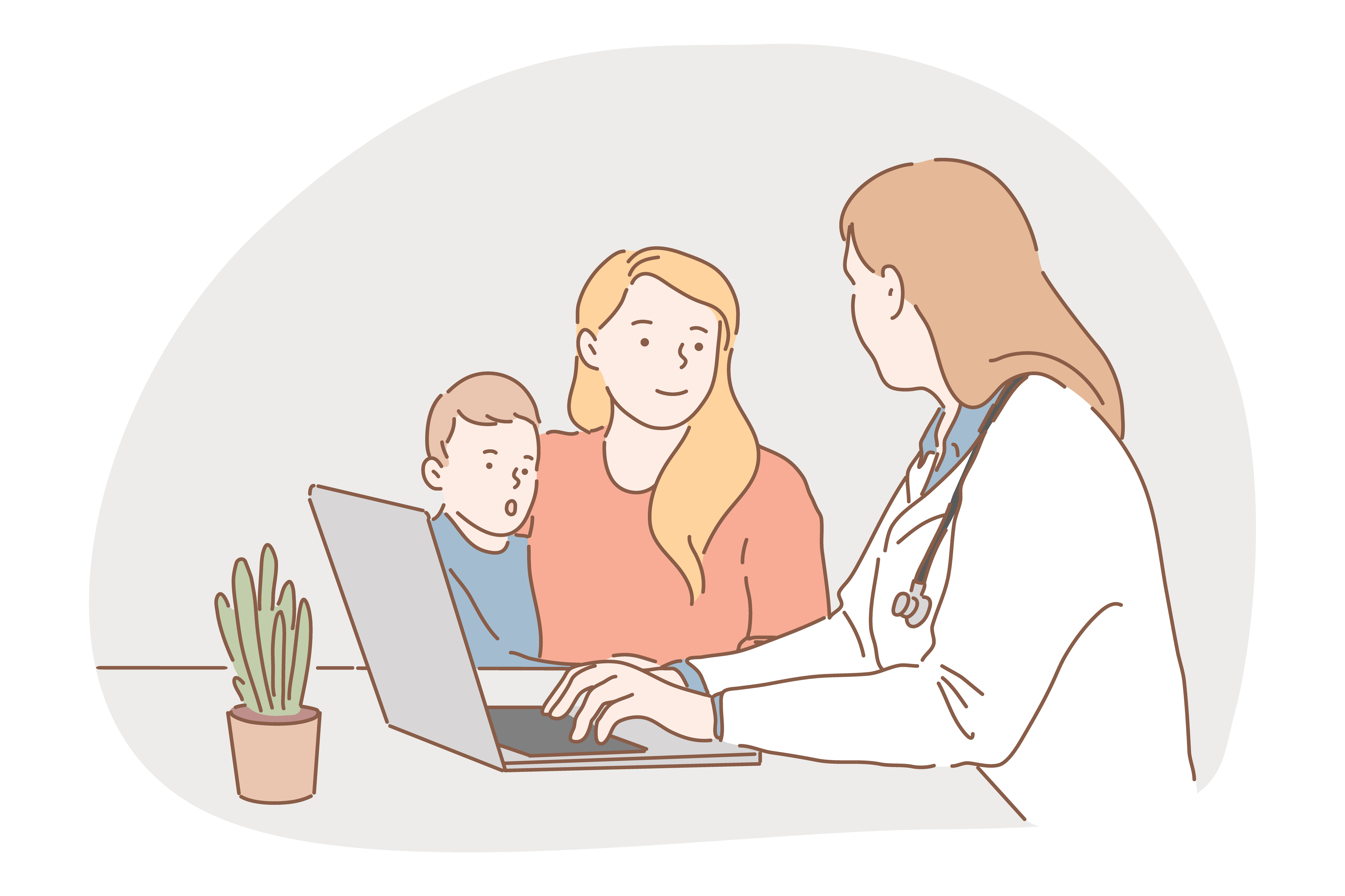 Paediatrician, medicare, health examination concept. Young woman doctor cartoon character talking to mother and son in medical clinic during consultation and typing prescription on laptop illustration. Paediatrician, medicare, health examination concept