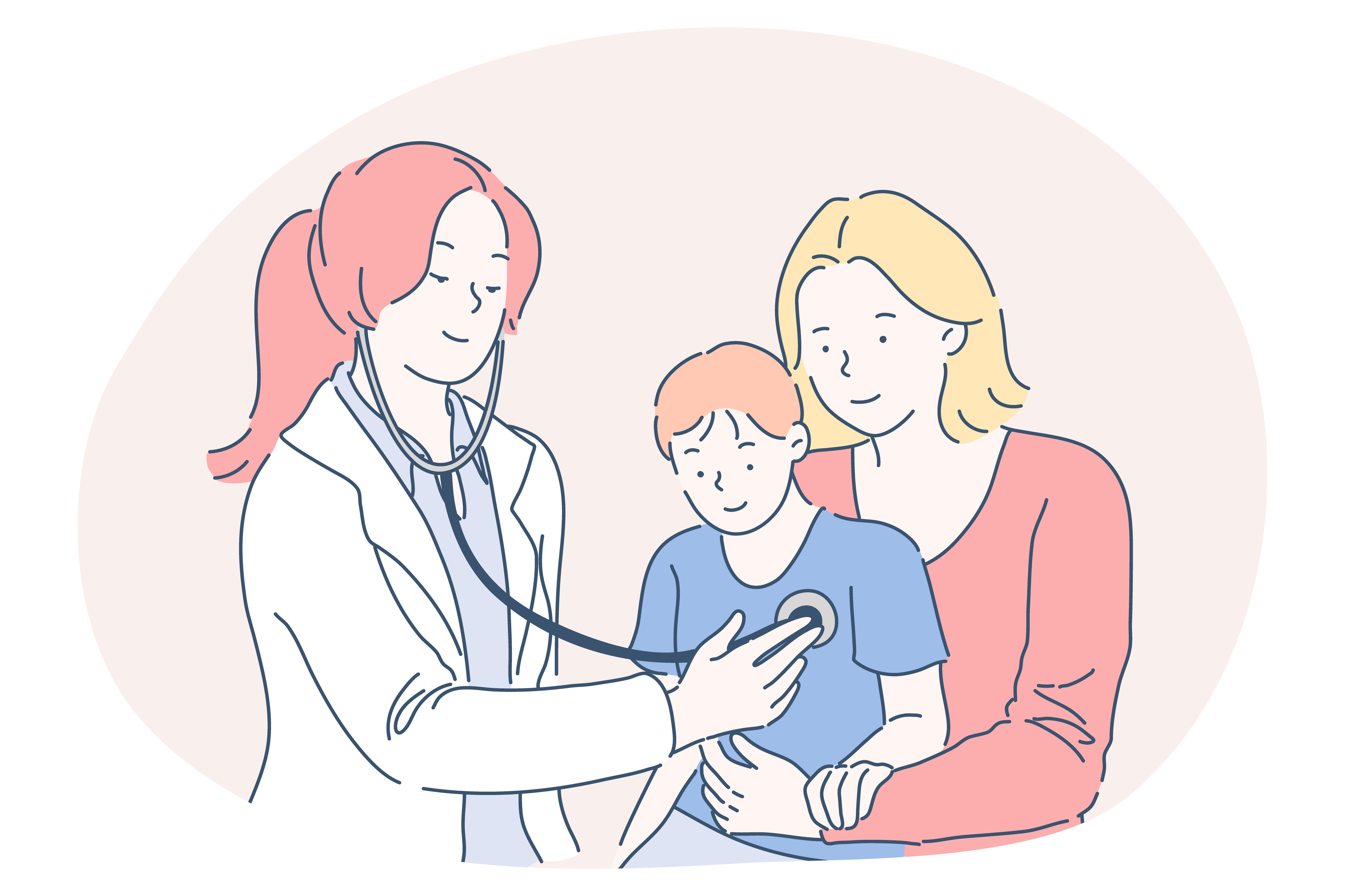 Paediatrician, medicare, health examination concept. Young smiling woman doctor cartoon character examining boy on mothers hands with stethoscope in medical clinic during consultation illustration. Paediatrician, medicare, health examination concept