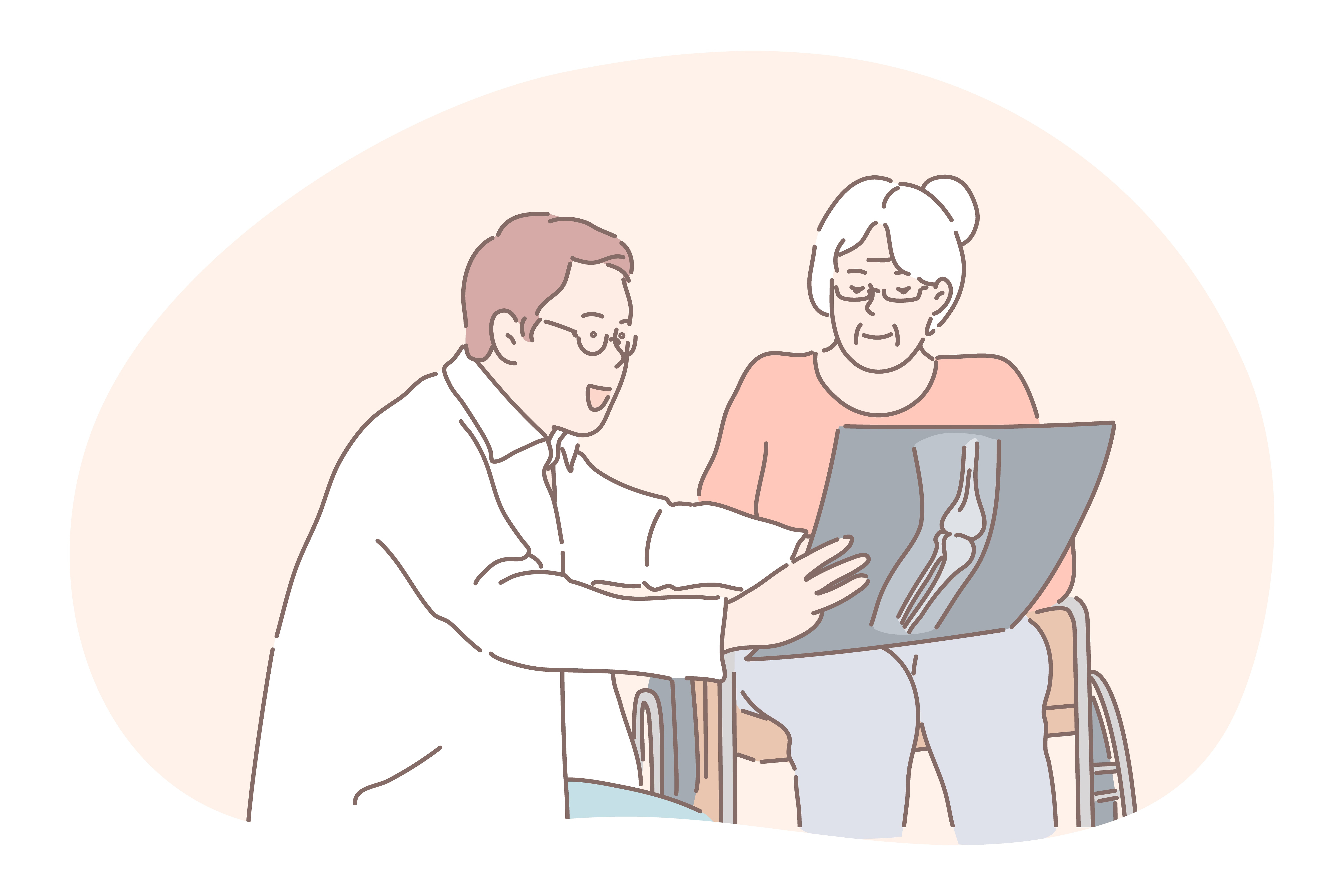 Communication between doctor and patient, medicare, injury, arthritis concept. Positive man doctor cartoon characters showing senior woman patient in wheelchair x-ray of her injured joint during visit. Communication between doctor and patient, medicare, injury, arthritis concept