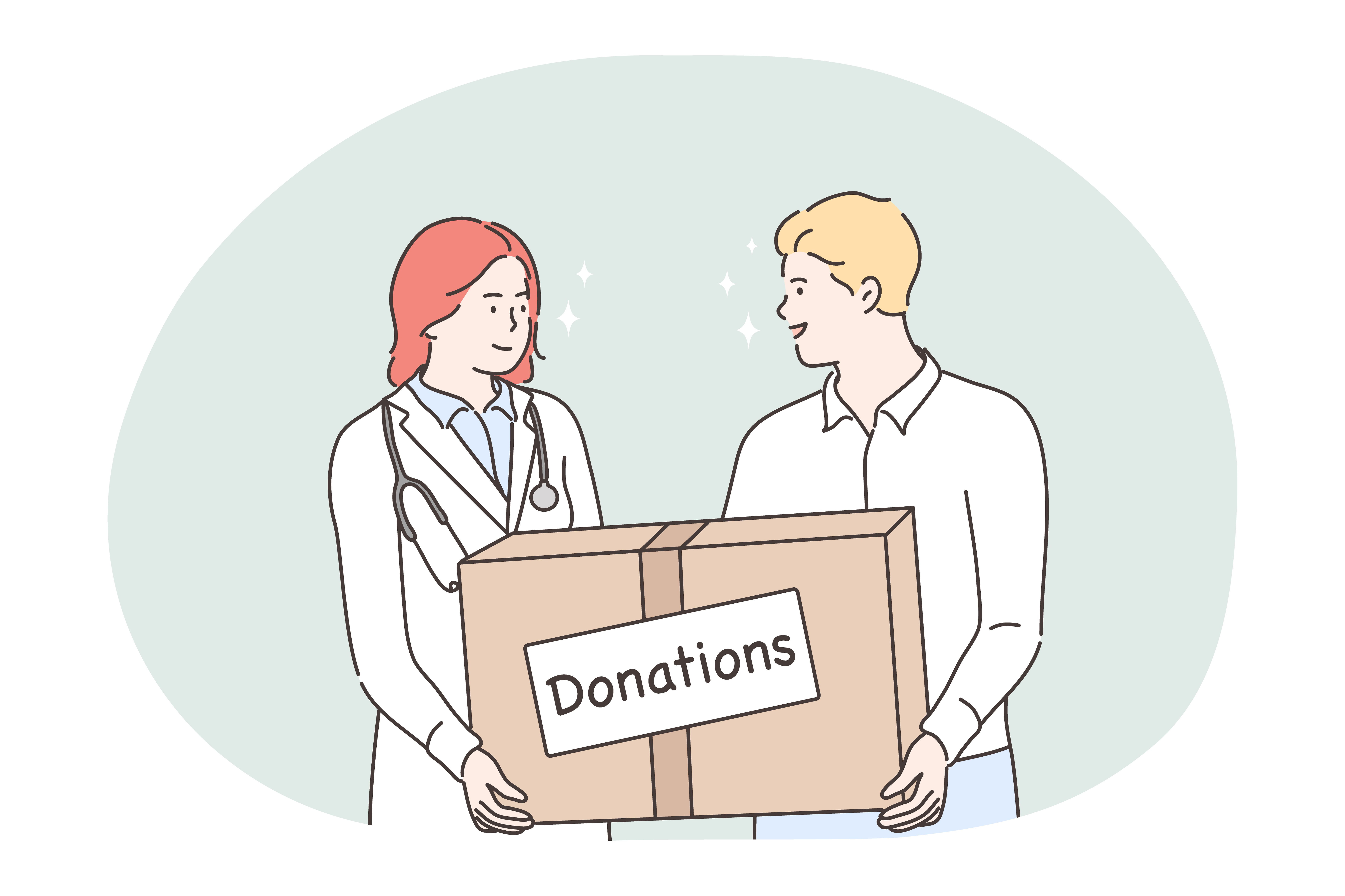 Donation, charity, humanitarian help concept. Young woman doctor and man volunteer cartoon characters standing and holding big box with donations in hands. Volunteering, support, assistance . Donation, charity, humanitarian help concept