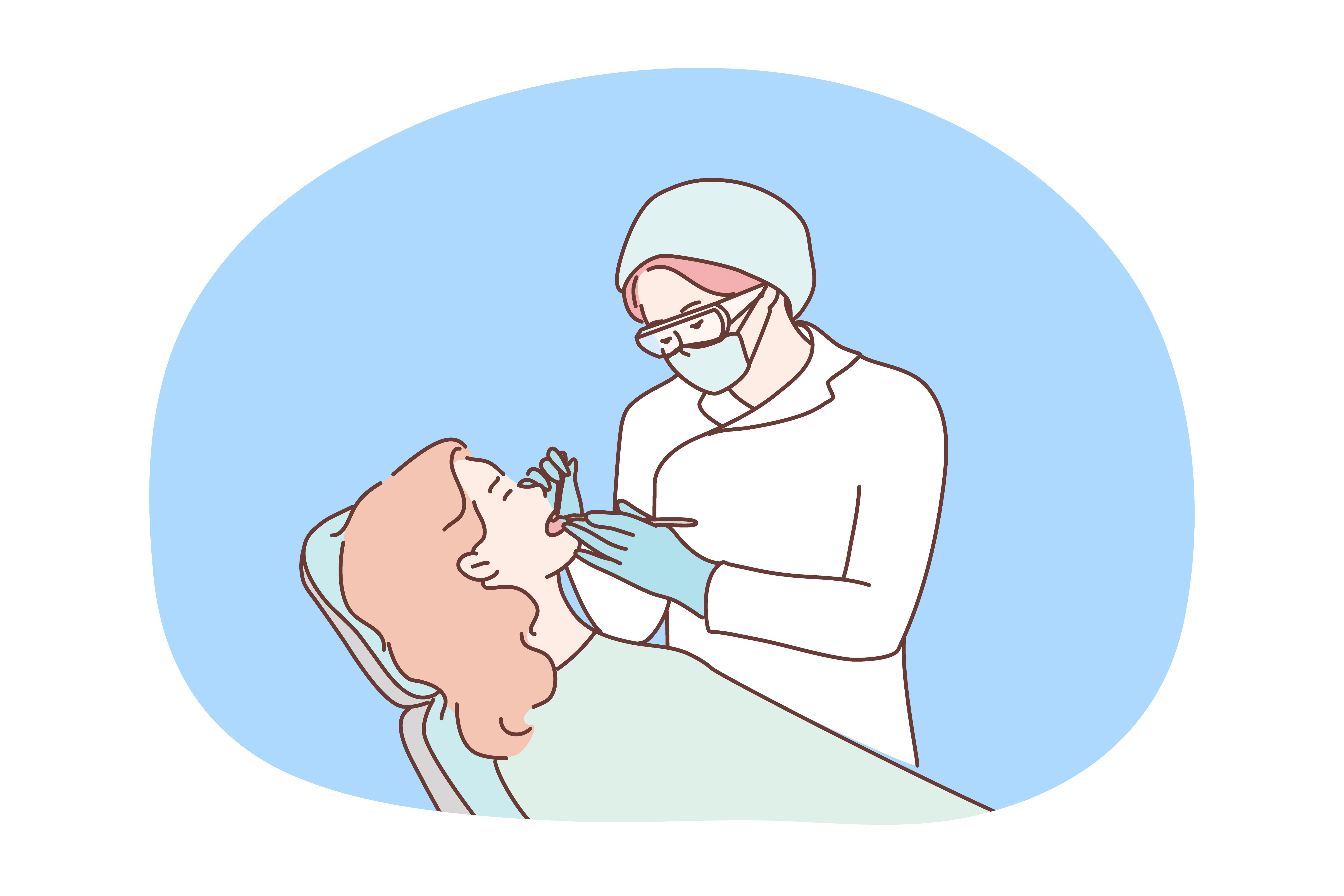 Health, care, medicine, dentistry concept. Woman doctor dentist checking examinates healing teeth of patient in special chair. Routine dental checkup procedure or toothache oral treatment illustration. Health, care, medicine, dentistry, healing concept