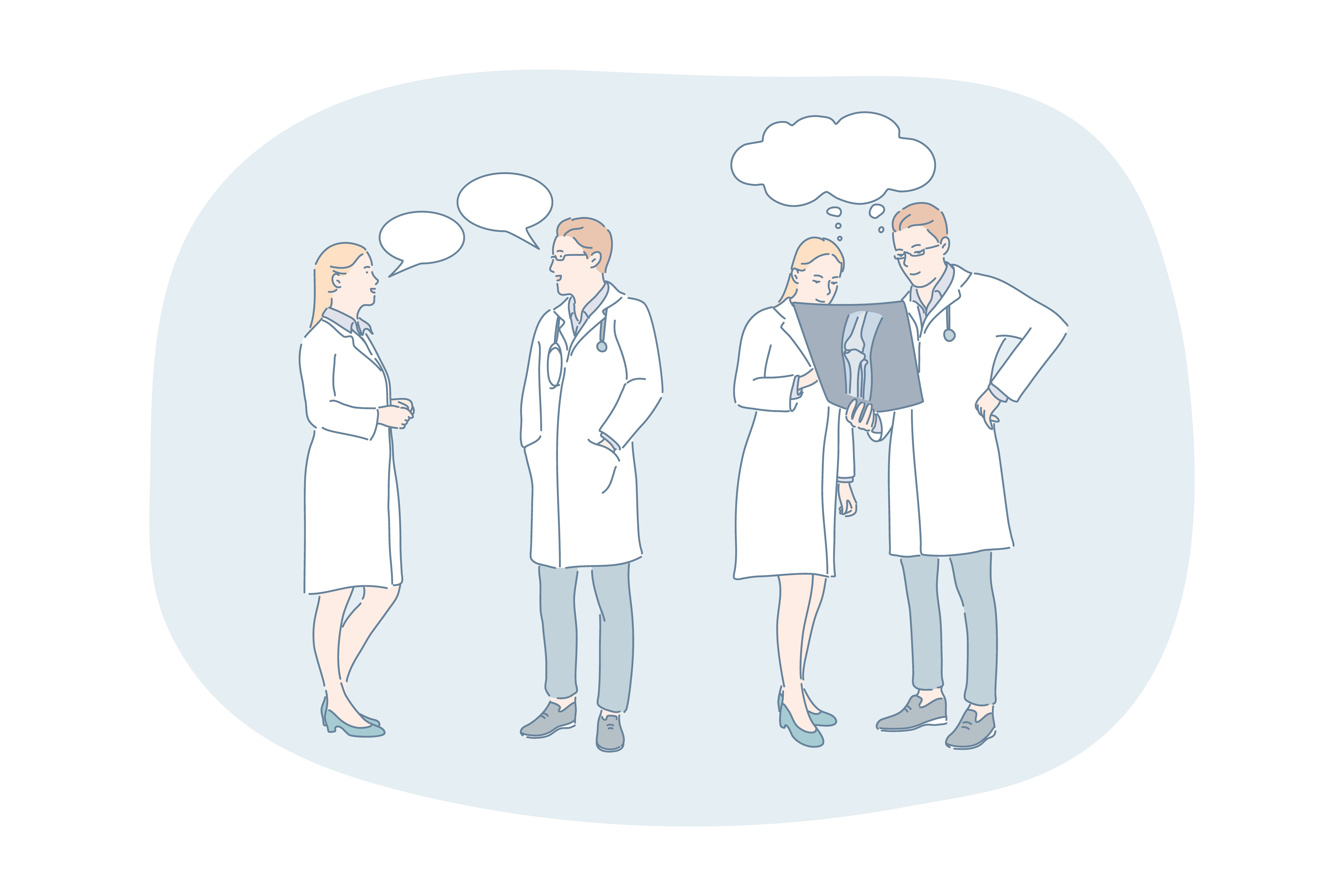 Healthcare, medicine, medicare, doctors communication and discussion concept. Young woman and man doctors in white medical uniform standing and having discussion about patients injury together. Healthcare, medicine, medicare, doctors communication and discussion concept