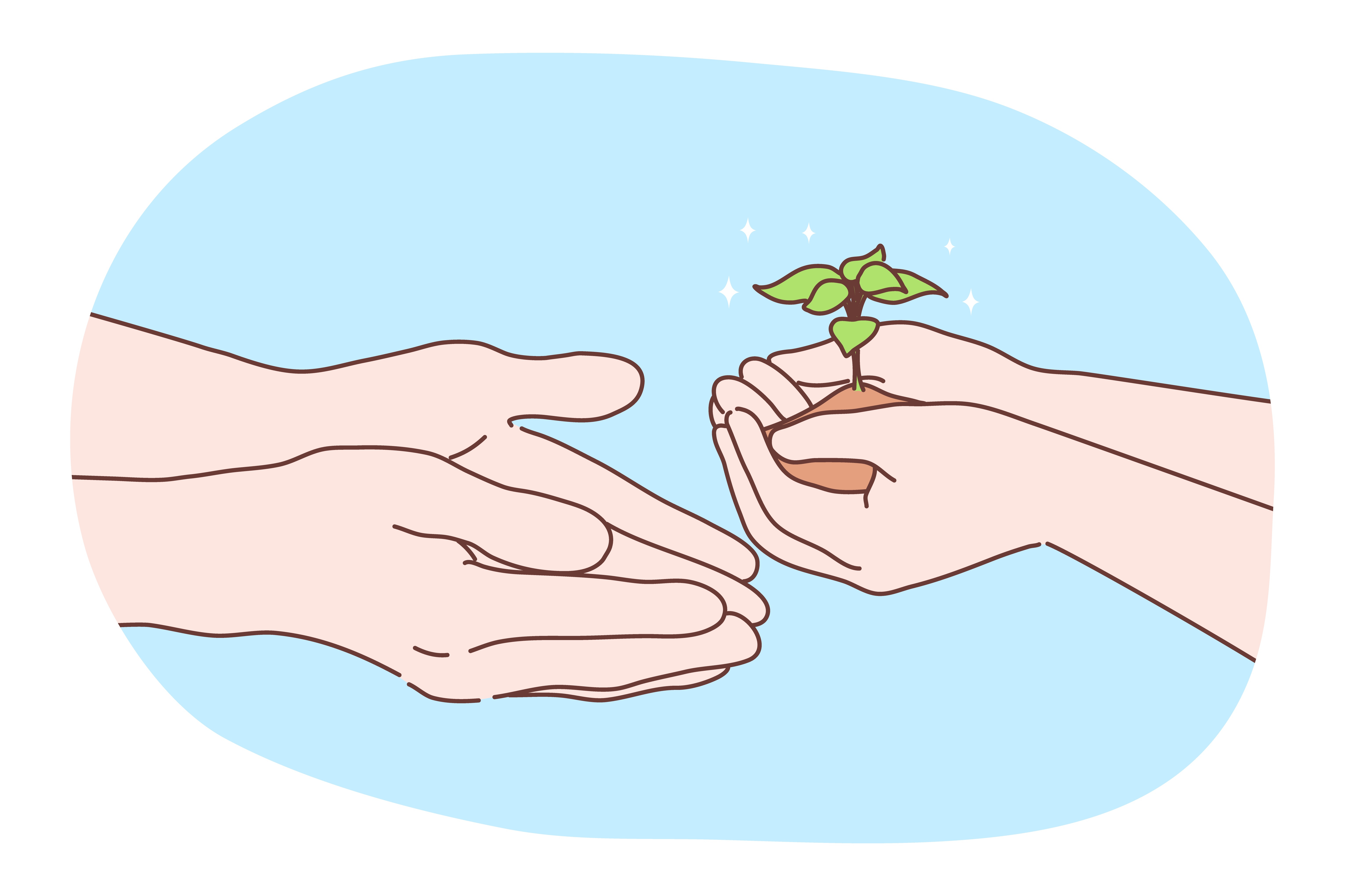 Ecology, environment, biology charity, earth day concept. Human character hands holding and passing sapling or plant. Nature protection and bilogical enviromental friendly care or new life symbol.. Ecology, environment, charity, earth day concept
