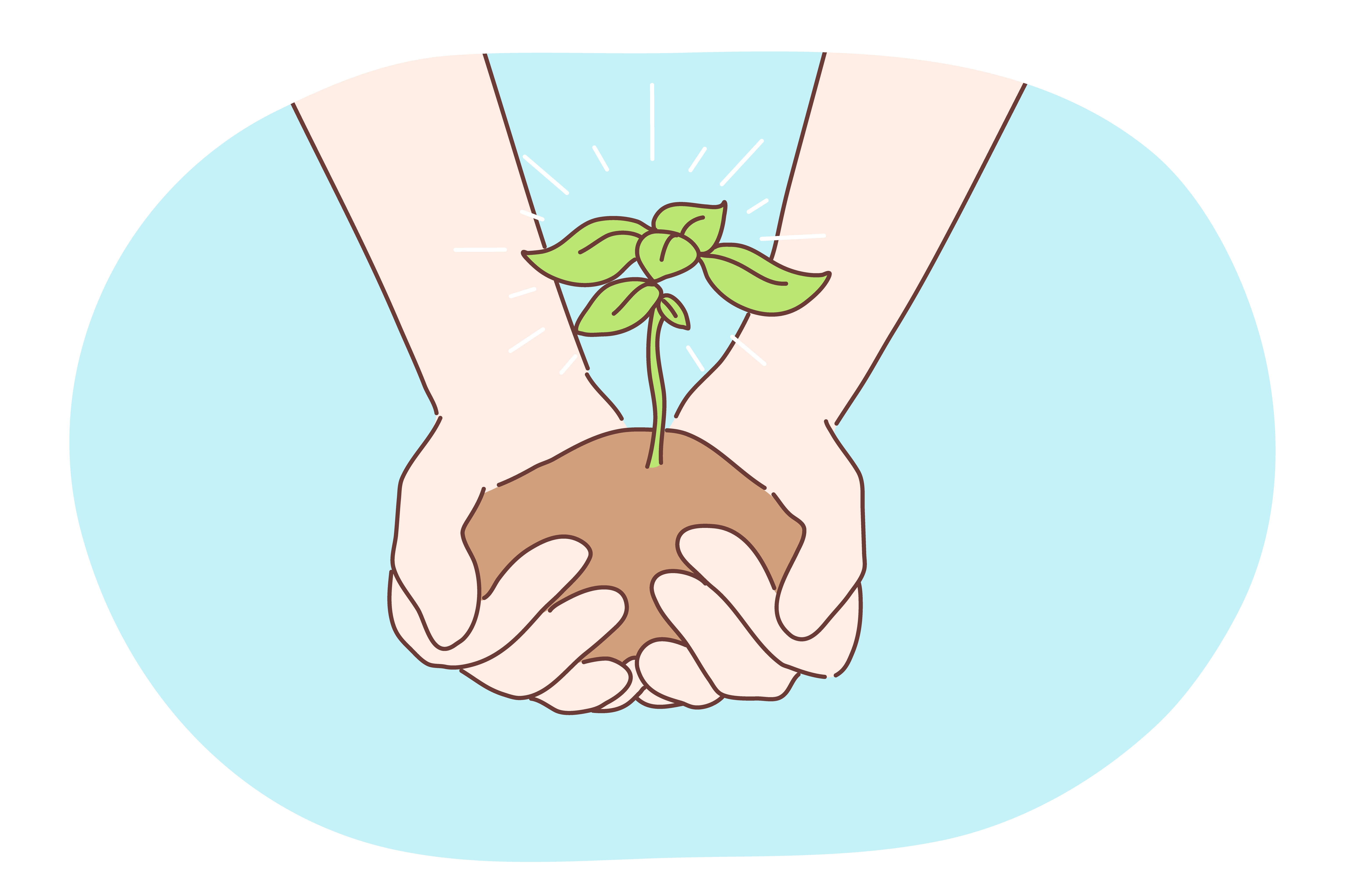 Ecology, charity, environment, earth day concept. Human character hands holding growing sapling or plant. Nature protection and bilogical enviromental friendly care or new life symbol illustration.. Ecology, charity, environment earth day concept